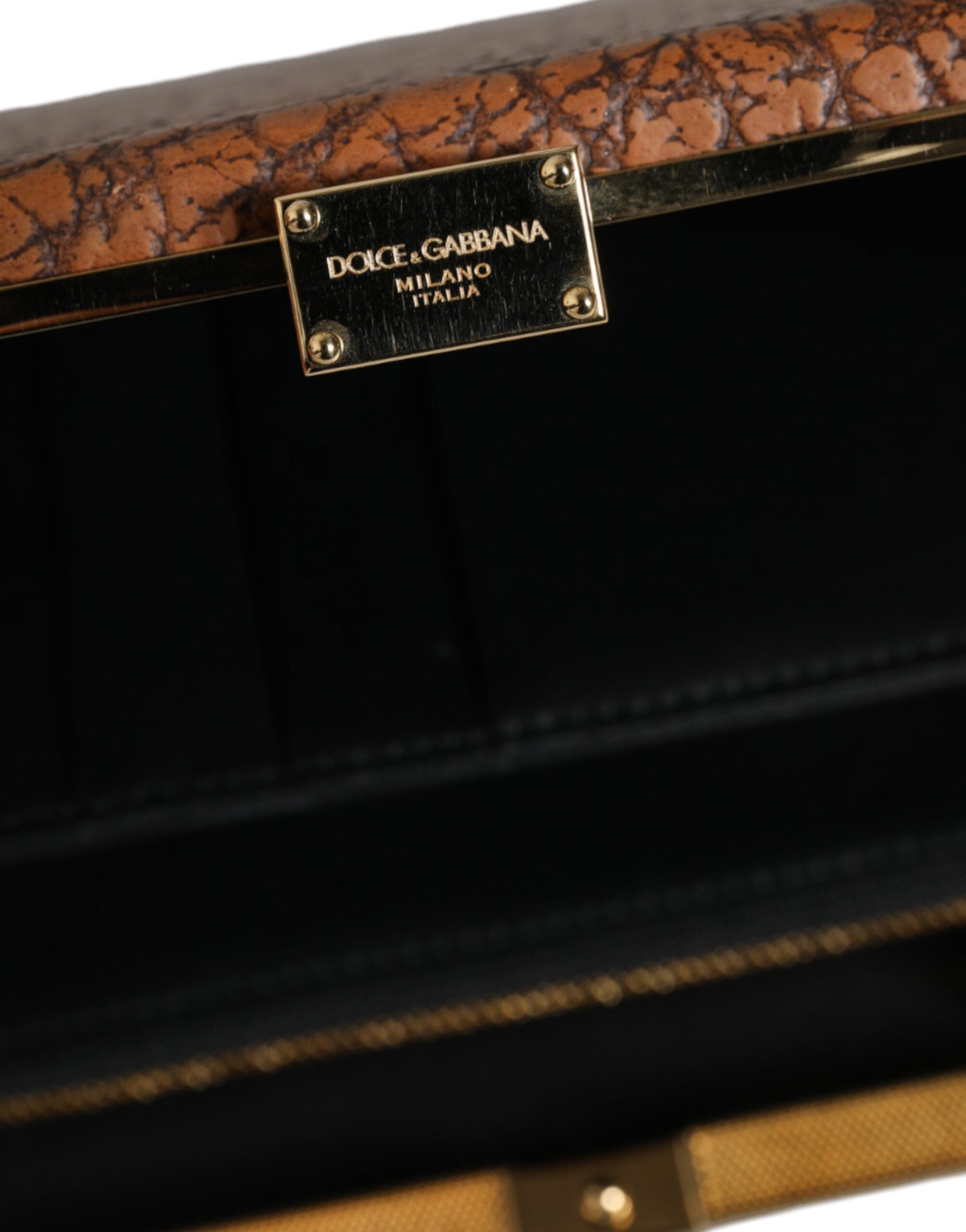 Dolce & Gabbana – Clutch aus braunem Leder mit goldenem Rahmen und kleiner Umhängetasche