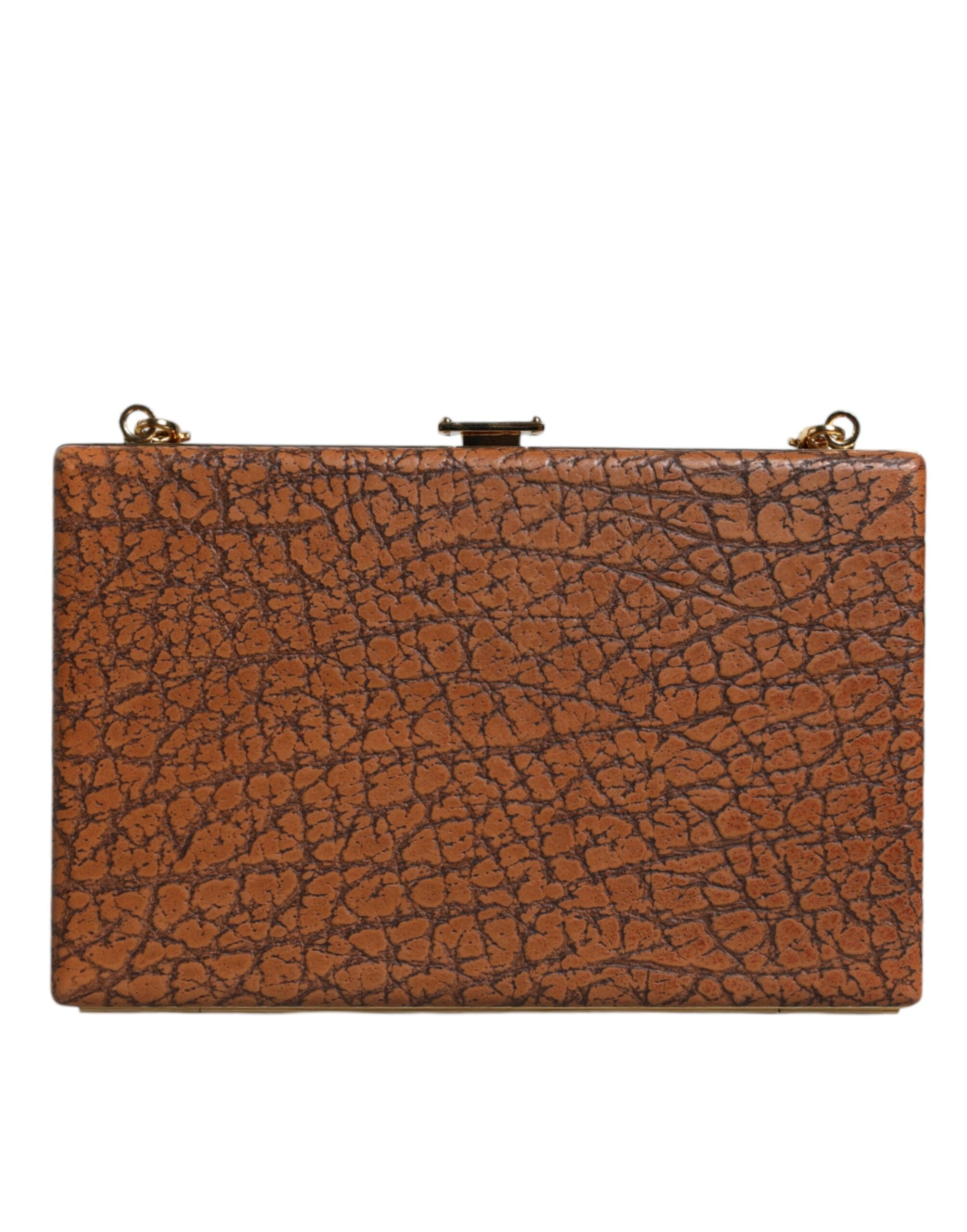 Dolce & Gabbana – Clutch aus braunem Leder mit goldenem Rahmen und kleiner Umhängetasche
