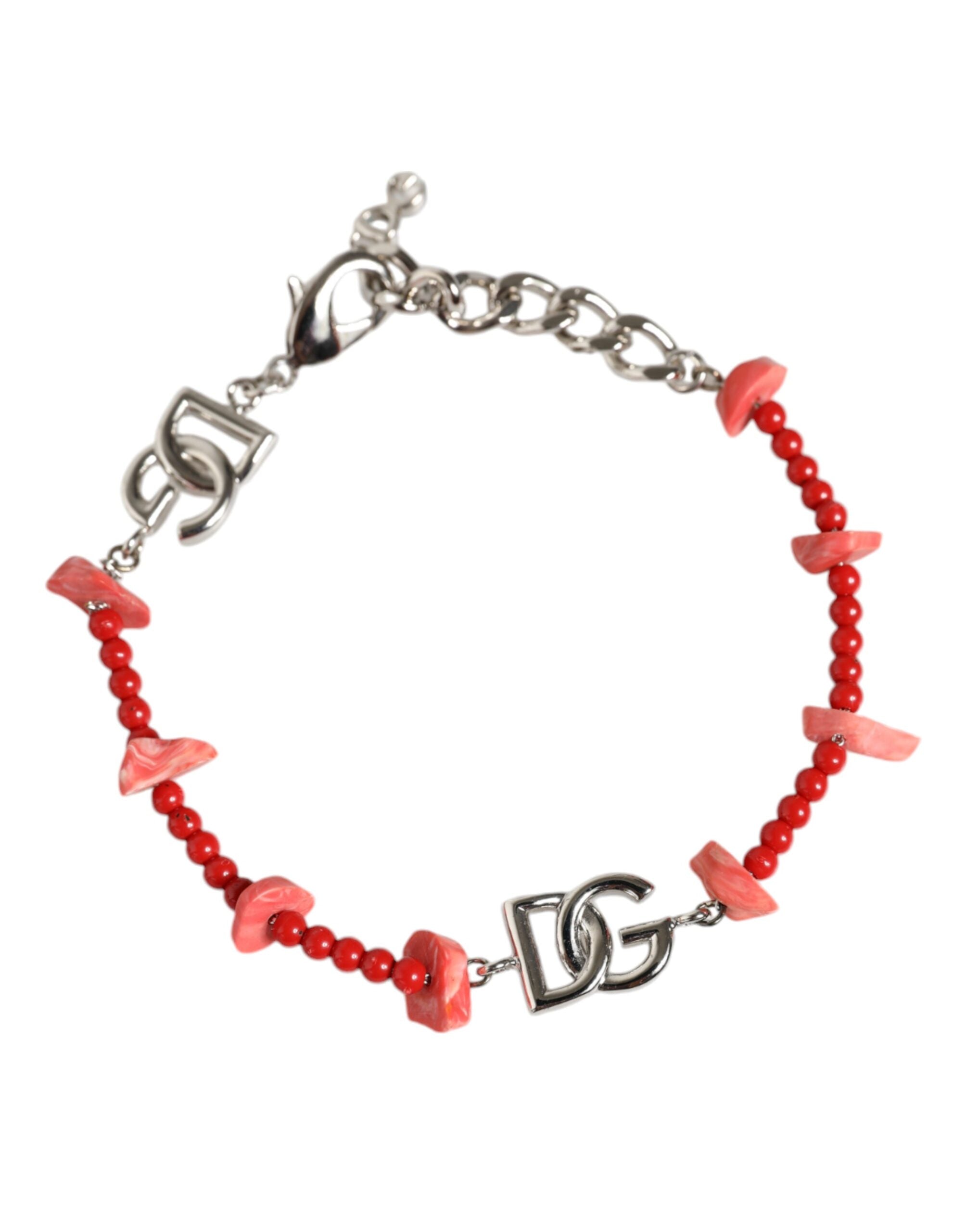 Dolce & Gabbana – Silberfarbenes Kettenarmband mit DG-Logo und Perlen aus Kunstharz