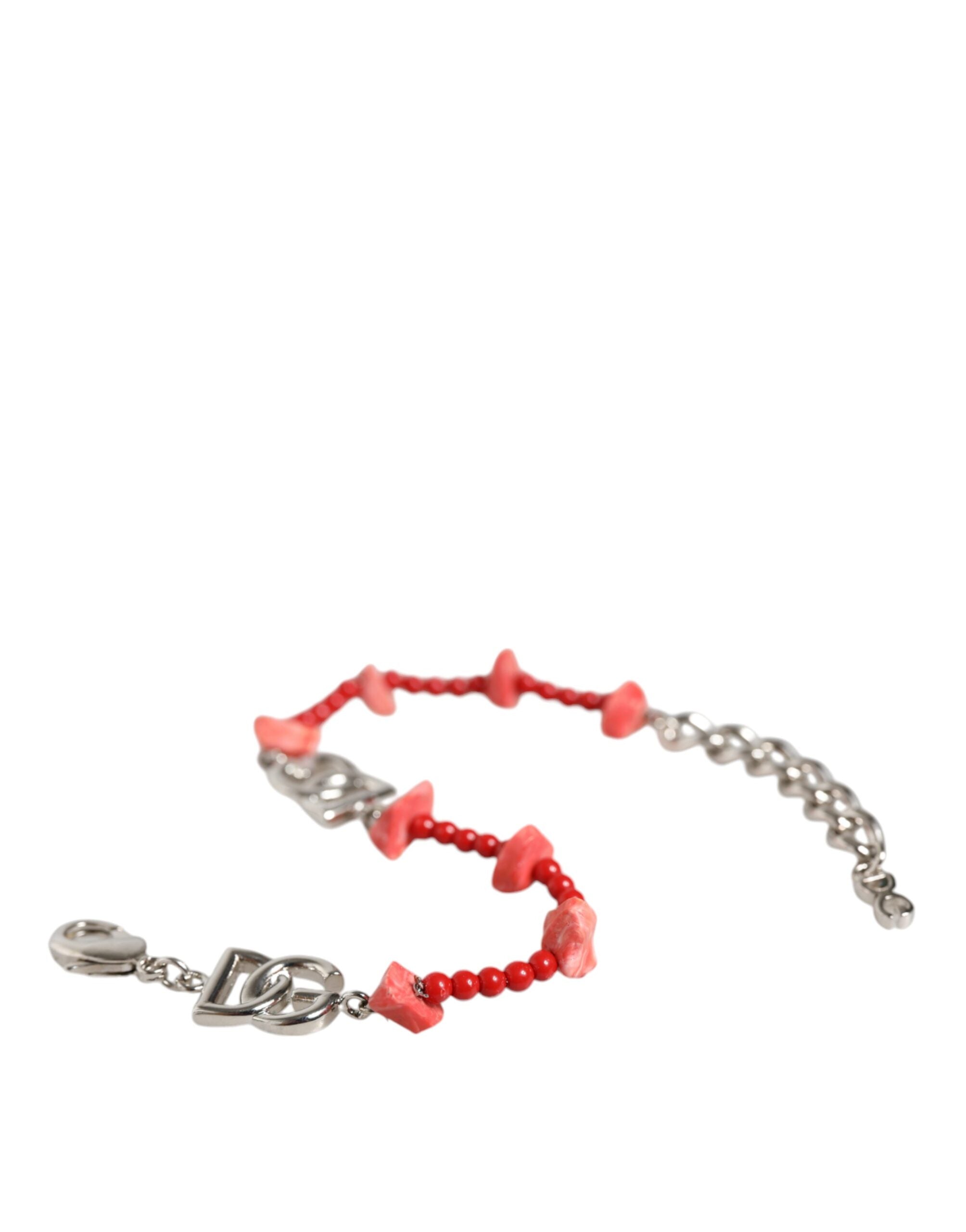 Dolce & Gabbana – Silberfarbenes Kettenarmband mit DG-Logo und Perlen aus Kunstharz