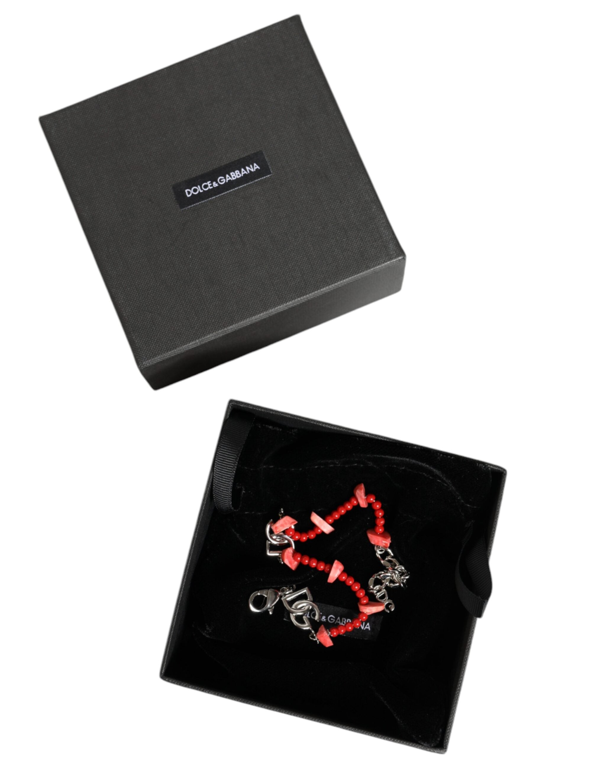 Dolce & Gabbana – Silberfarbenes Kettenarmband mit DG-Logo und Perlen aus Kunstharz
