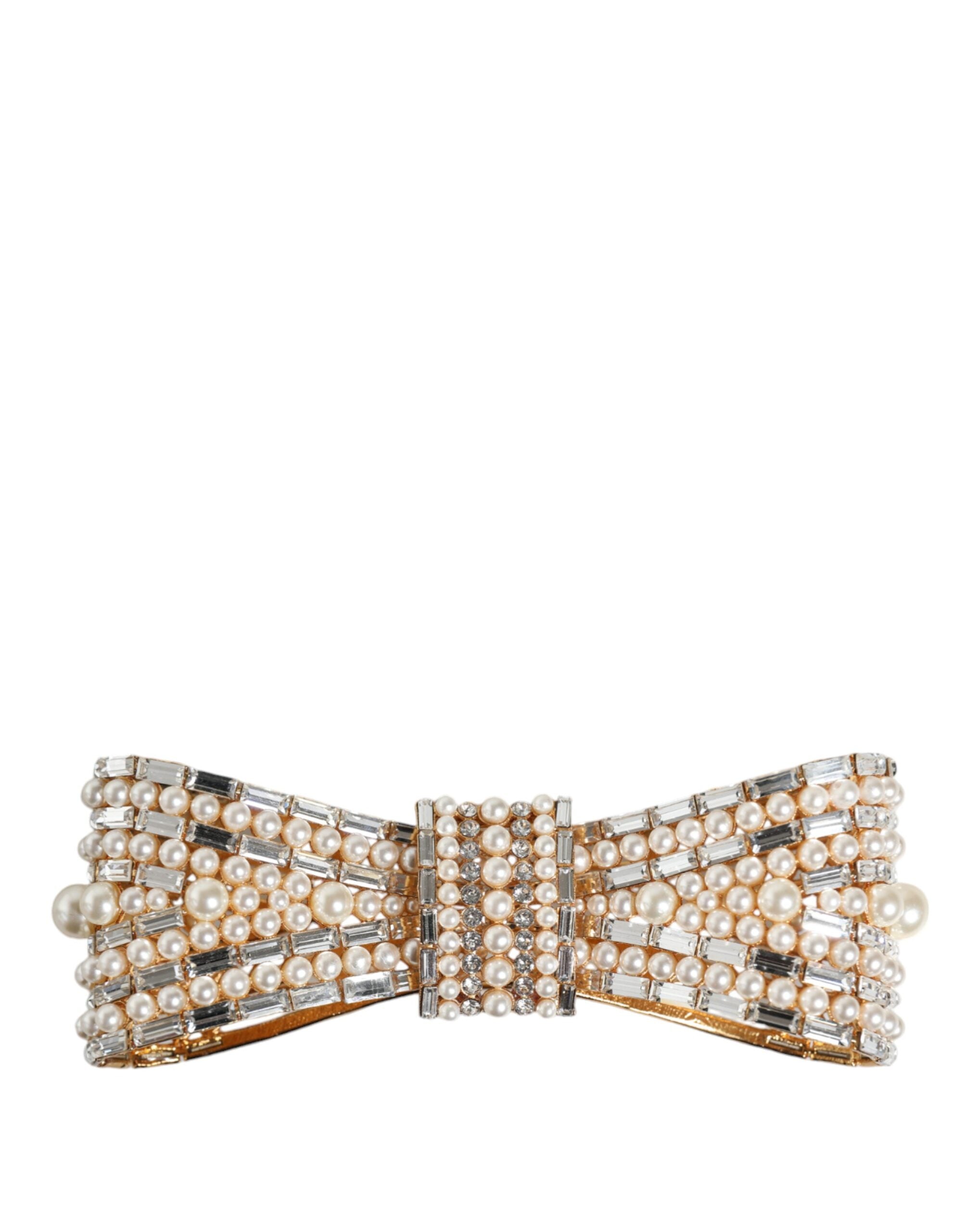 Dolce & Gabbana Brosche aus goldfarbenem Messing mit Schleife und Kristall-Kunstperlen