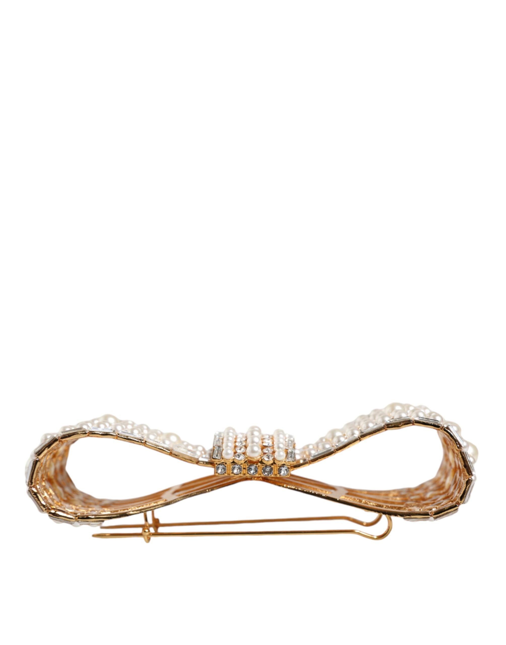 Dolce & Gabbana Brosche aus goldfarbenem Messing mit Schleife und Kristall-Kunstperlen