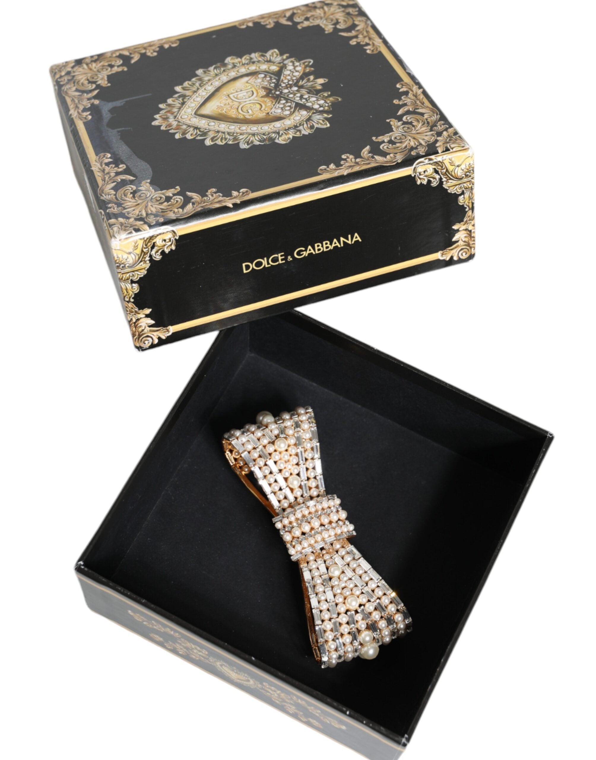 Dolce & Gabbana Brosche aus goldfarbenem Messing mit Schleife und Kristall-Kunstperlen
