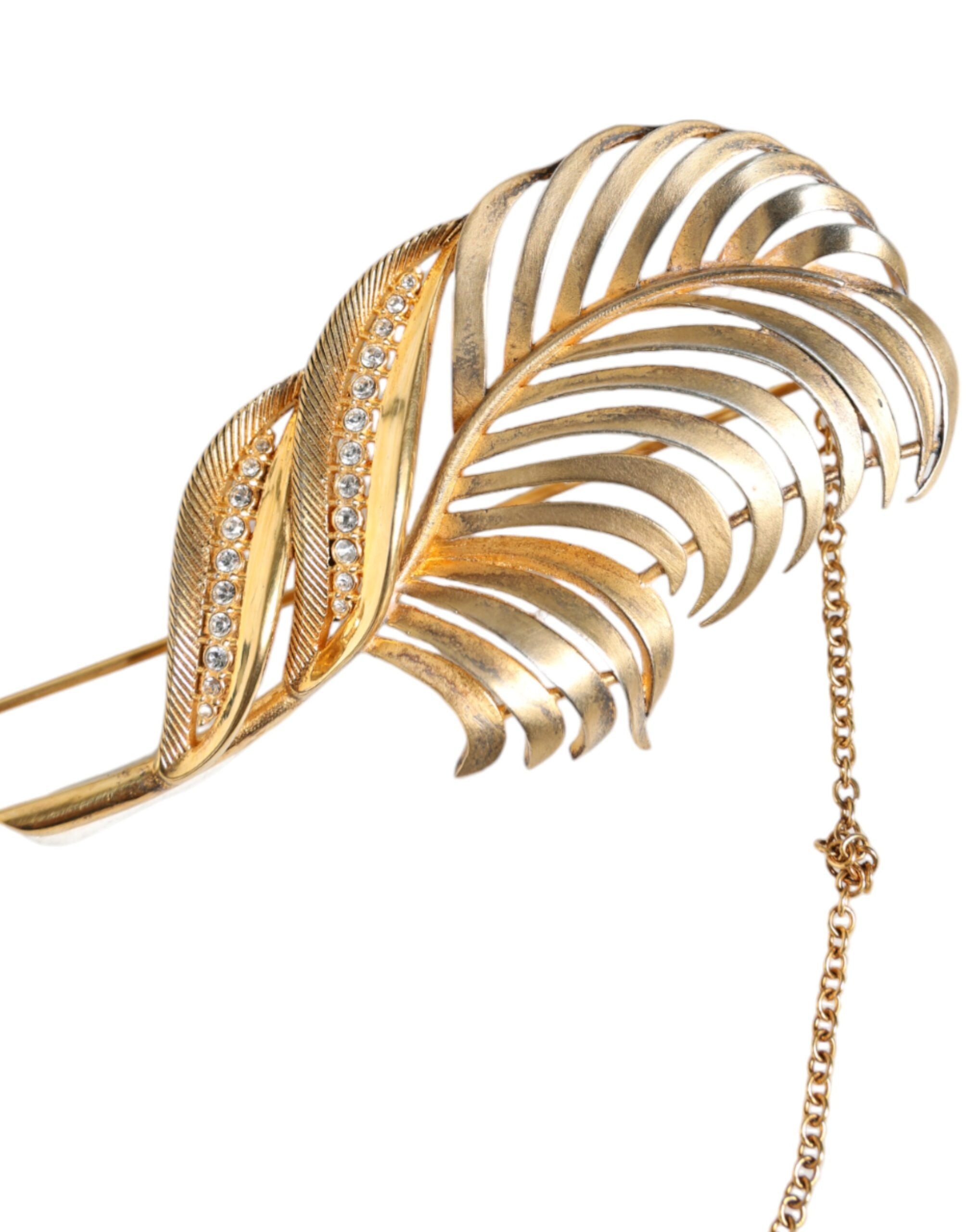 Dolce & Gabbana Goldfarbene 925er Sterlingsilber-Brosche mit Blatt- und Kristallketten