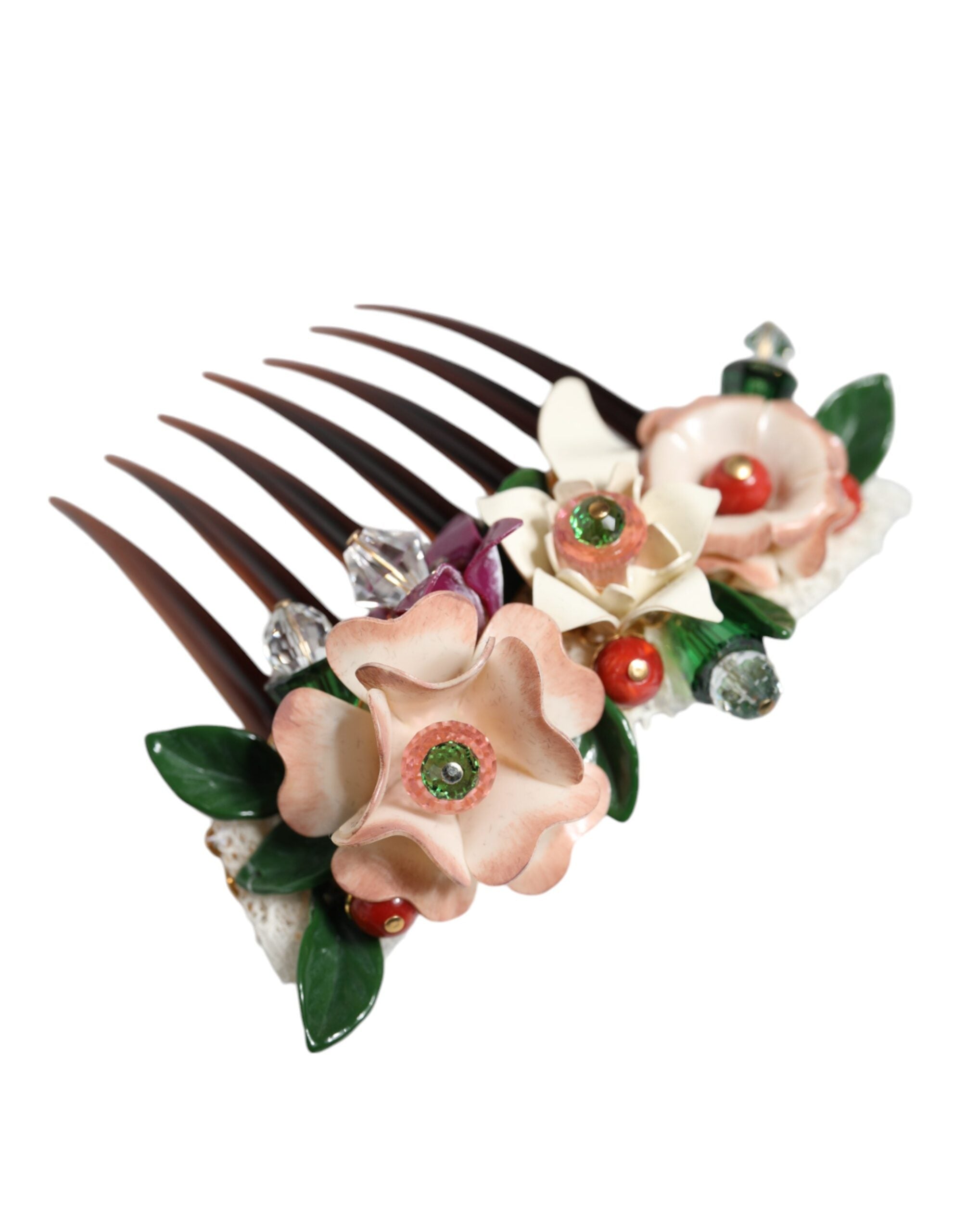 Dolce & Gabbana – Haarkamm mit Blumenmuster und Kristallen aus braunem Kunststoff für Damen