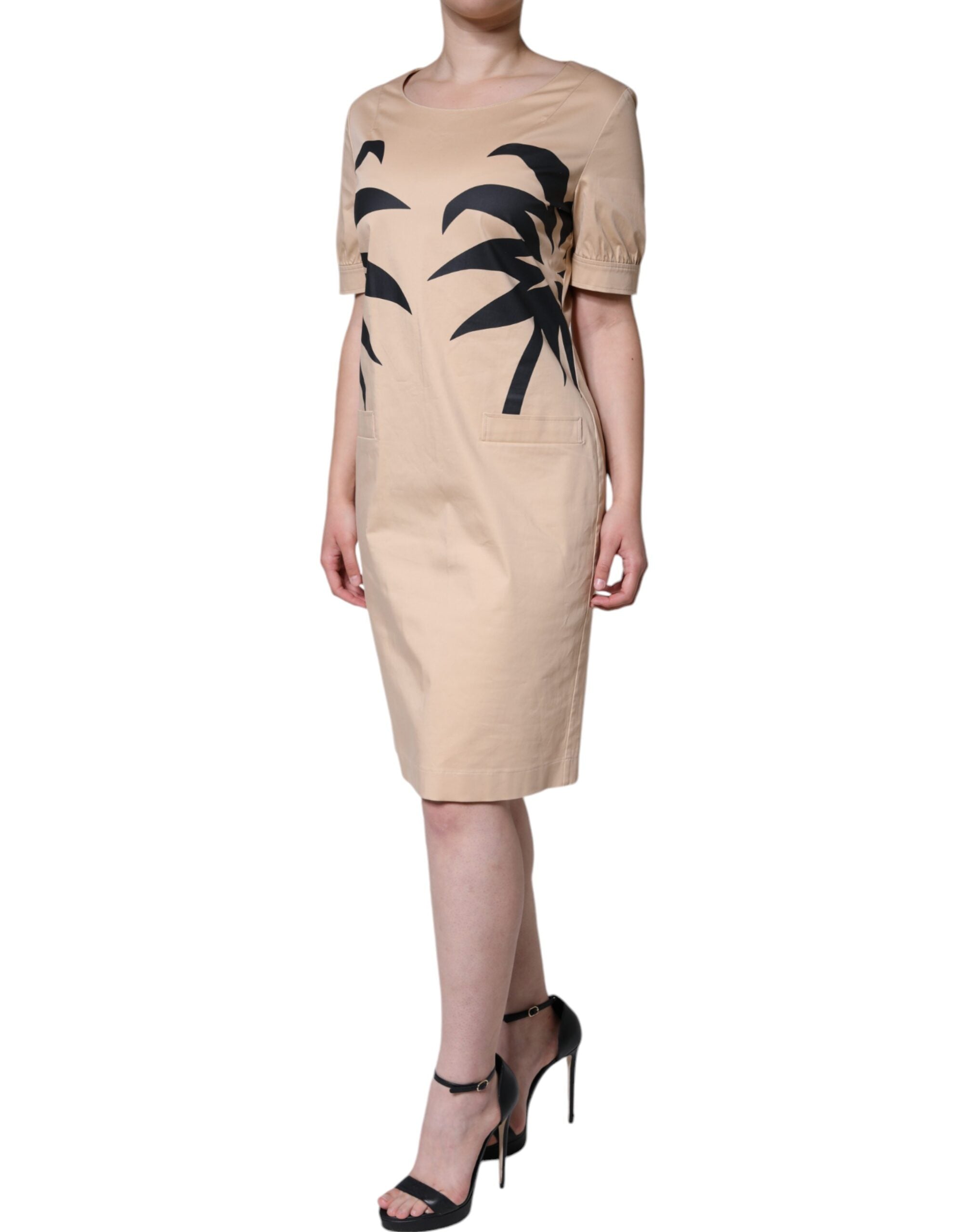 Rochie Moschino bej din bumbac cu mânecă scurtă până la genunchi