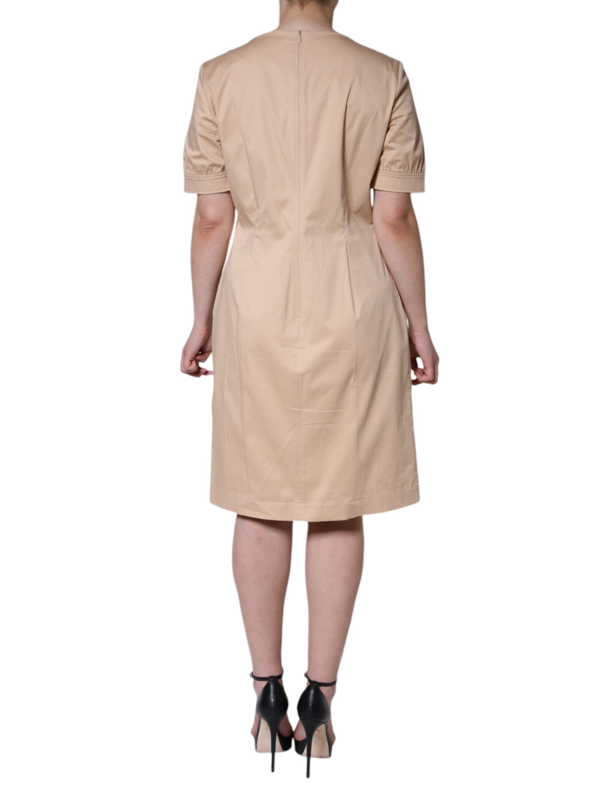 Rochie Moschino bej din bumbac cu mânecă scurtă până la genunchi