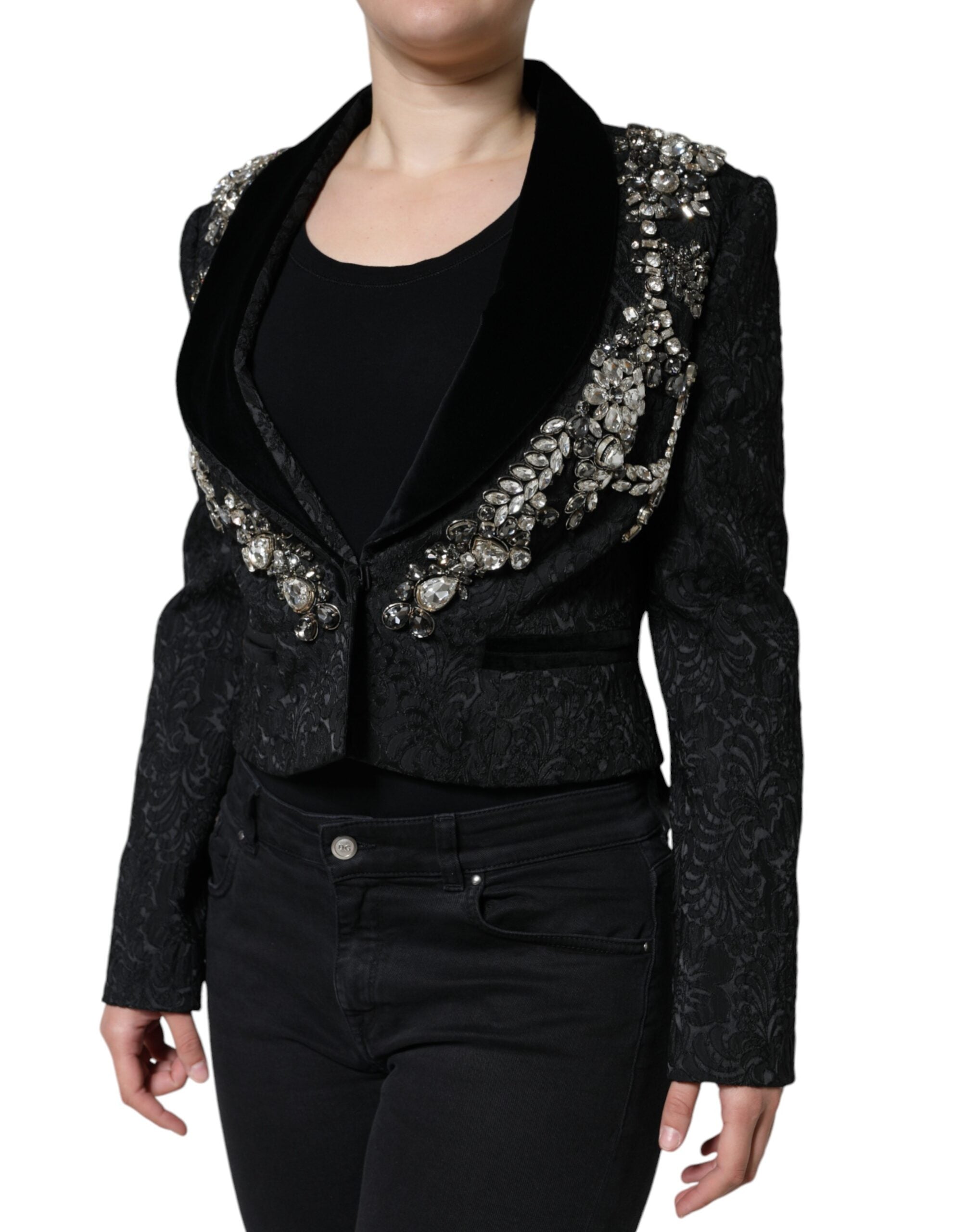 Dolce & Gabbana – Schwarzer Jacquard-Blazer mit Kristallblumenmuster