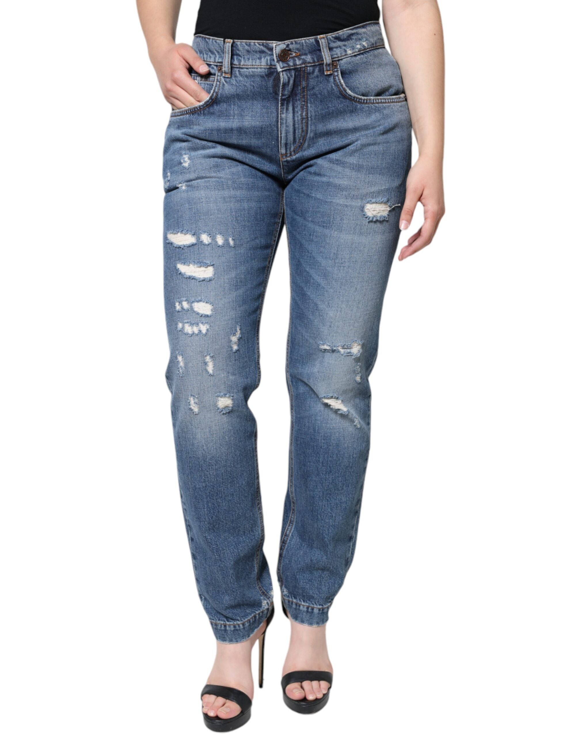 Blugi Dolce & Gabbana albaștri din denim boyfriend din bumbac zdrențuit