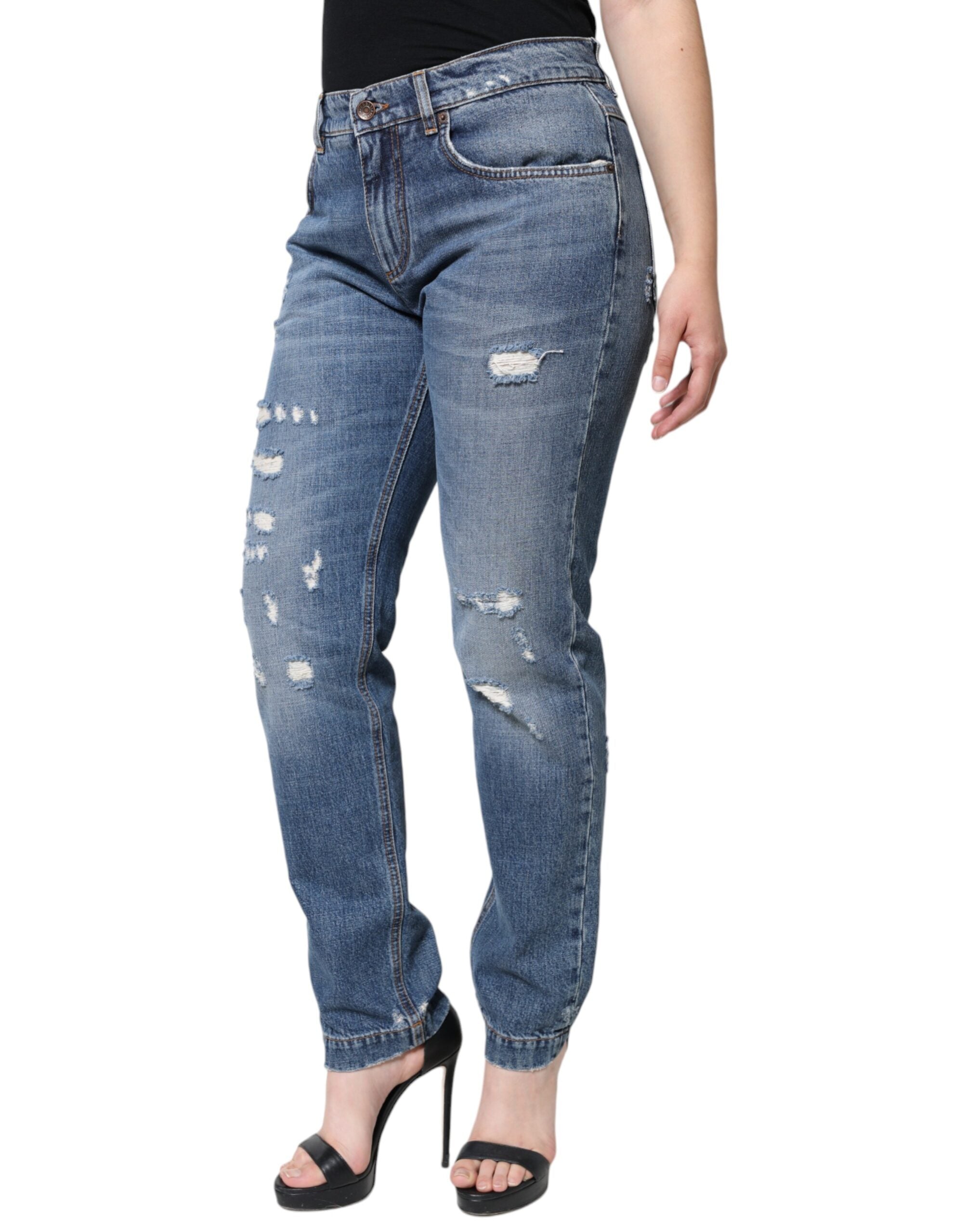 Blugi Dolce & Gabbana albaștri din denim boyfriend din bumbac zdrențuit