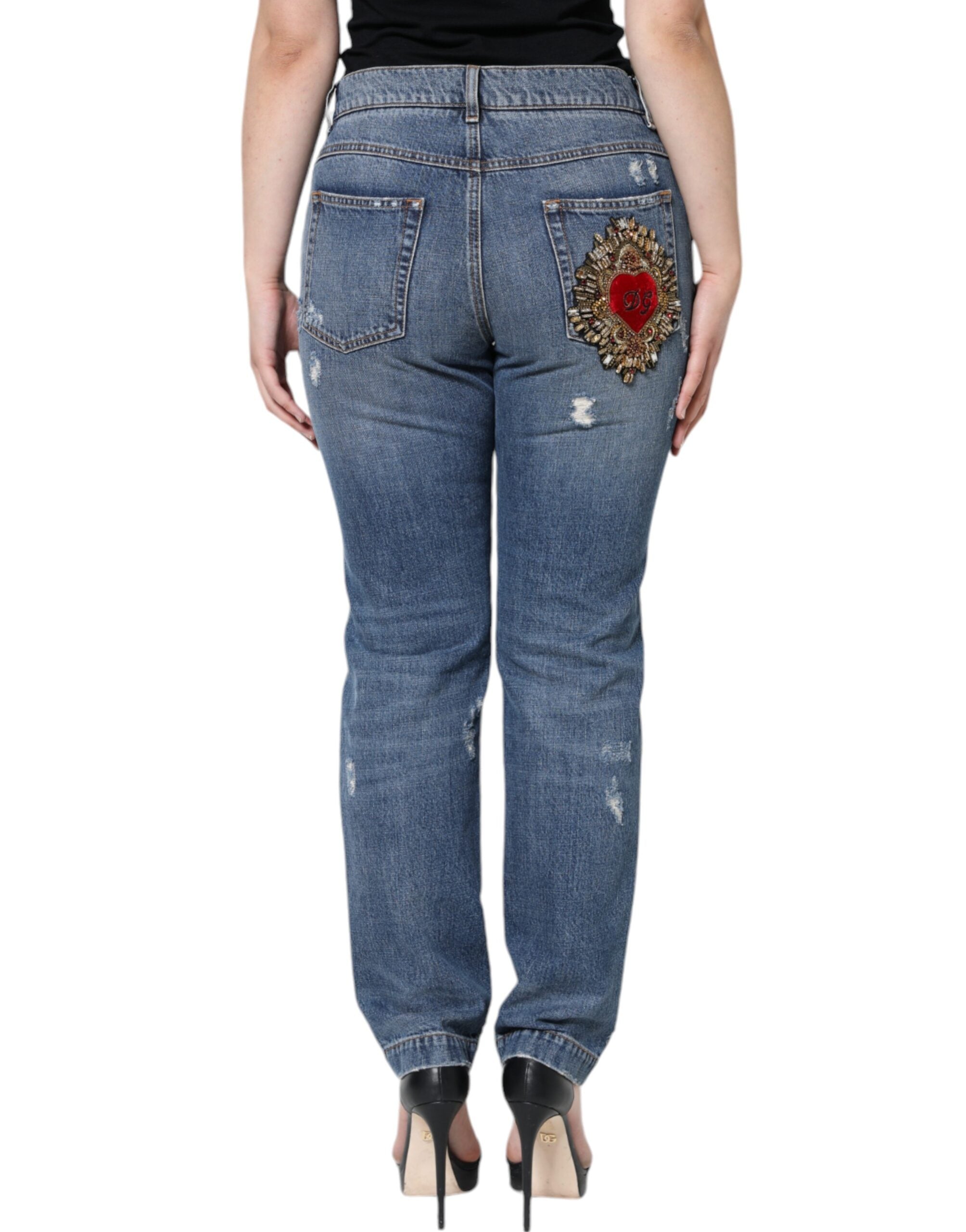 Blugi Dolce & Gabbana albaștri din denim boyfriend din bumbac zdrențuit