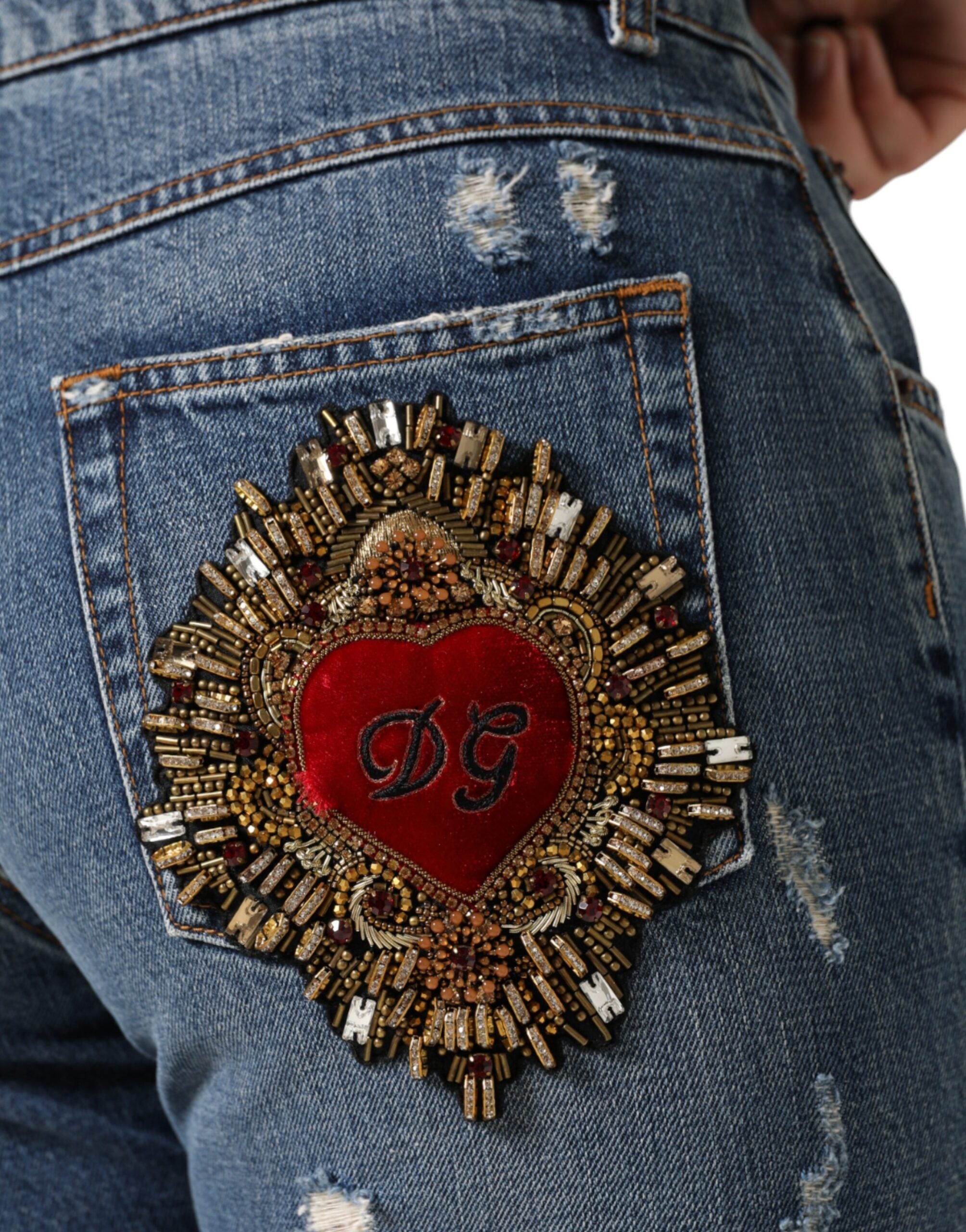 Blugi Dolce & Gabbana albaștri din denim boyfriend din bumbac zdrențuit