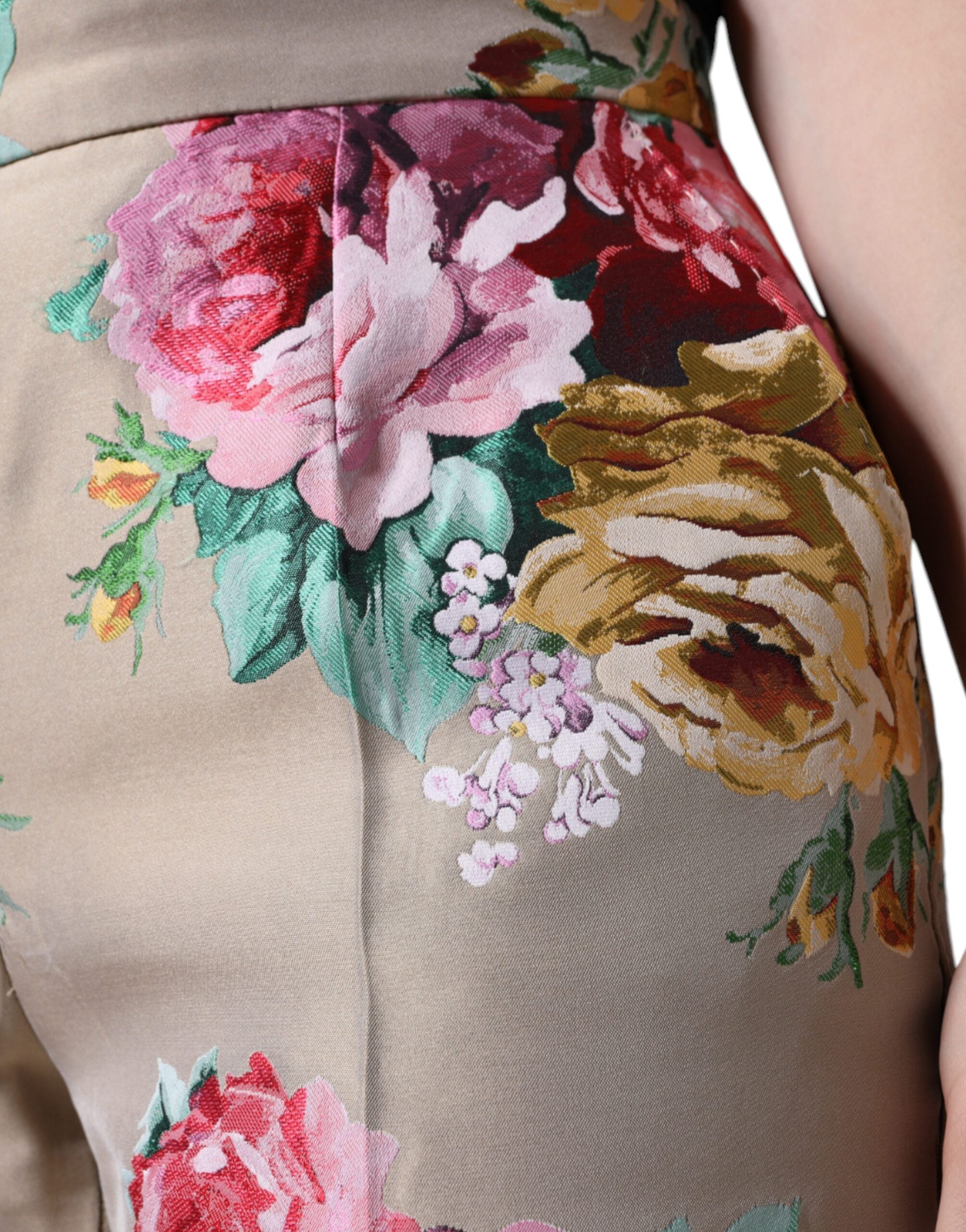 Pantaloni conici cu talie înaltă, model jacquard floral bej Dolce & Gabbana