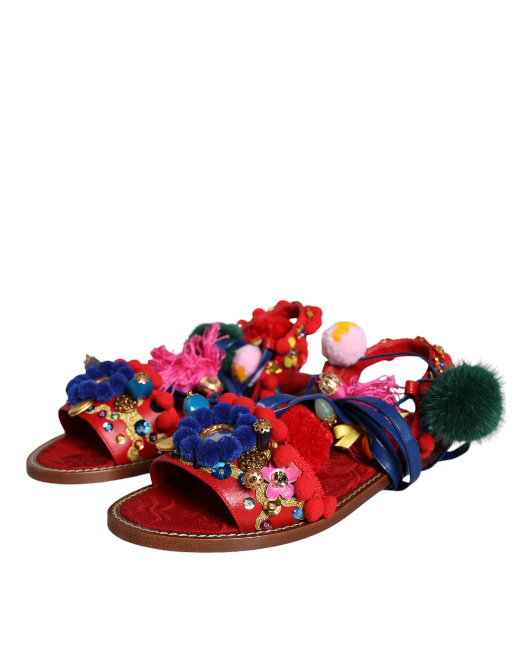 Sandale Dolce & Gabbana cu pompon multicolor și blană înfășurată