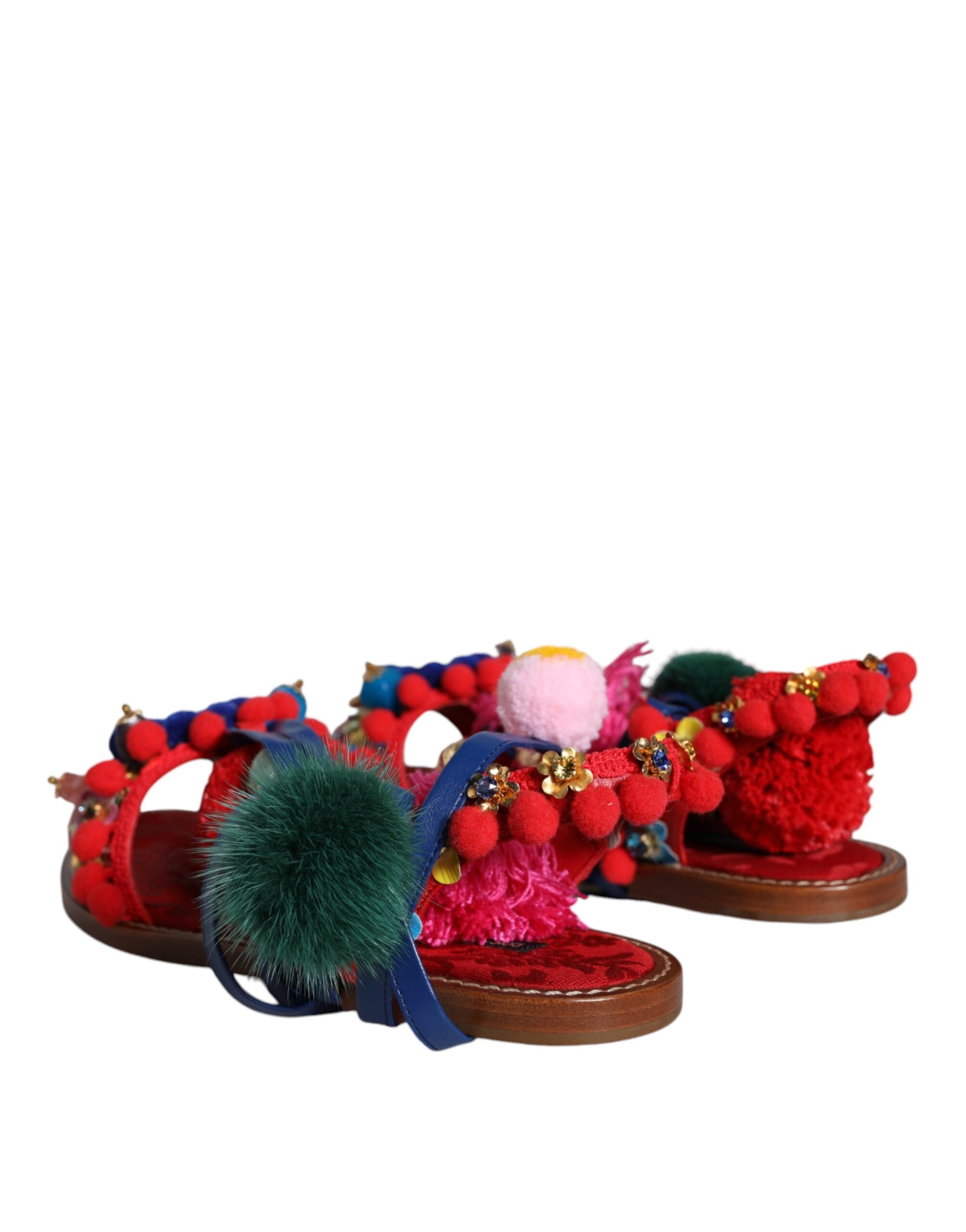 Sandale Dolce & Gabbana cu pompon multicolor și blană înfășurată
