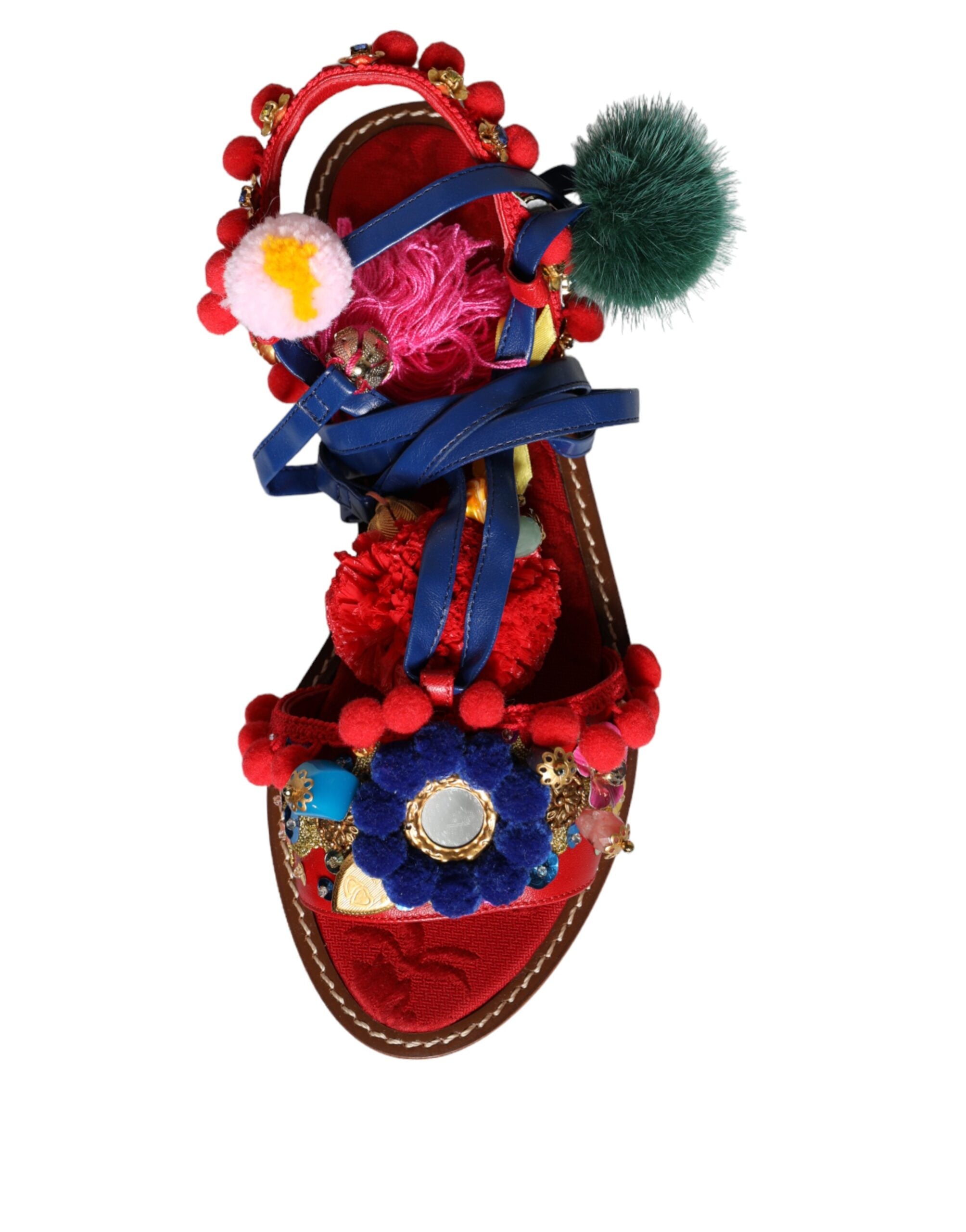 Sandale Dolce & Gabbana cu pompon multicolor și blană înfășurată