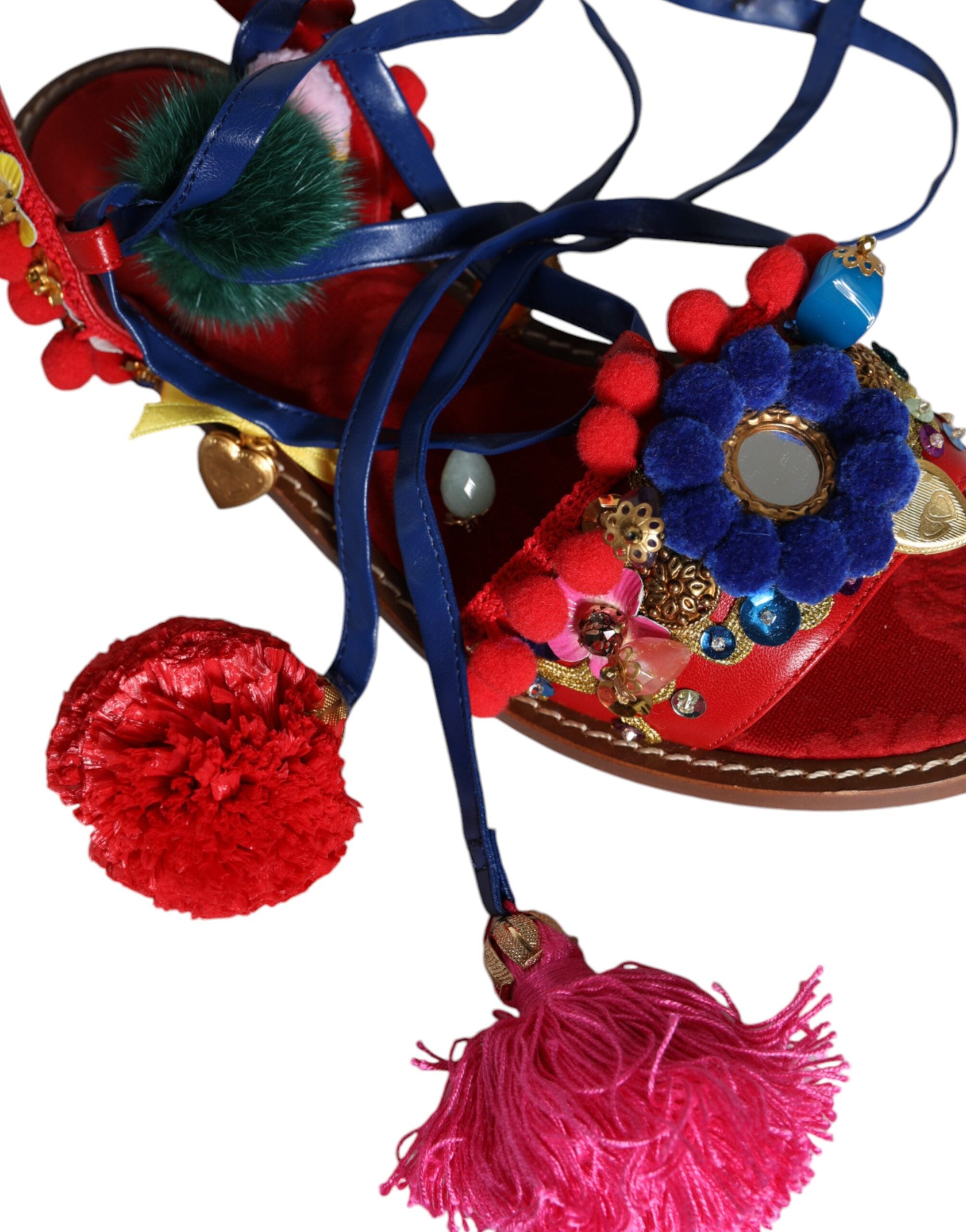 Sandale Dolce & Gabbana cu pompon multicolor și blană înfășurată
