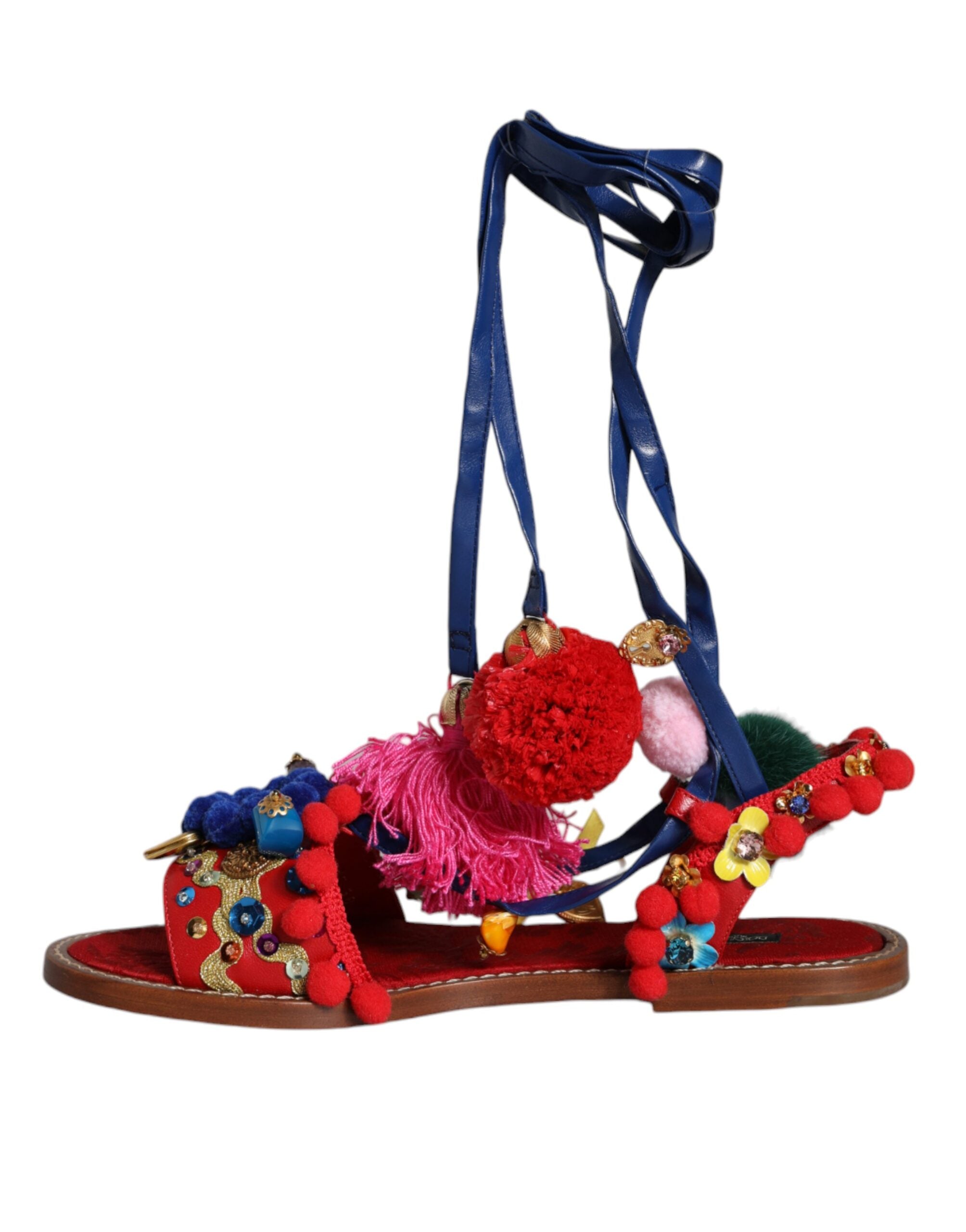 Sandale Dolce & Gabbana cu pompon multicolor și blană înfășurată