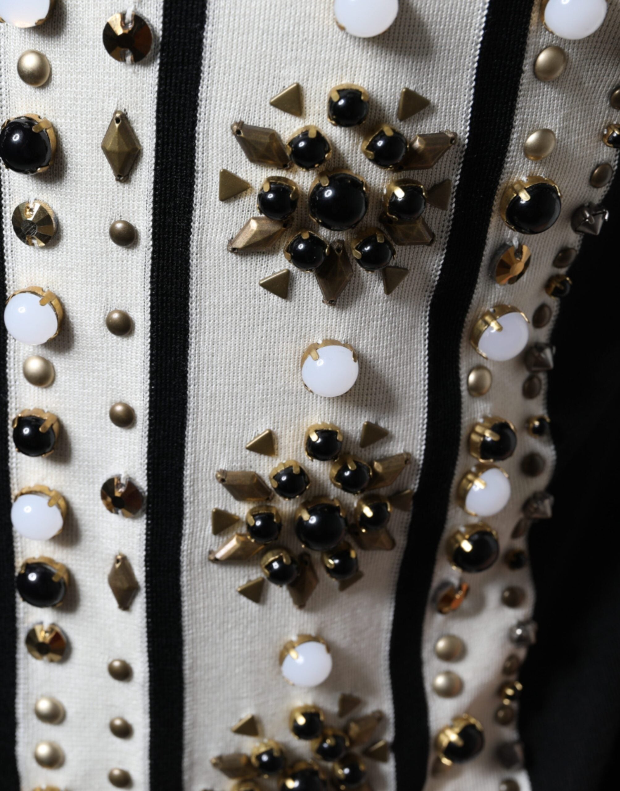 Dolce & Gabbana – Weißes, schwarzes Seidenhemd mit Stein- und Kristallbesatz