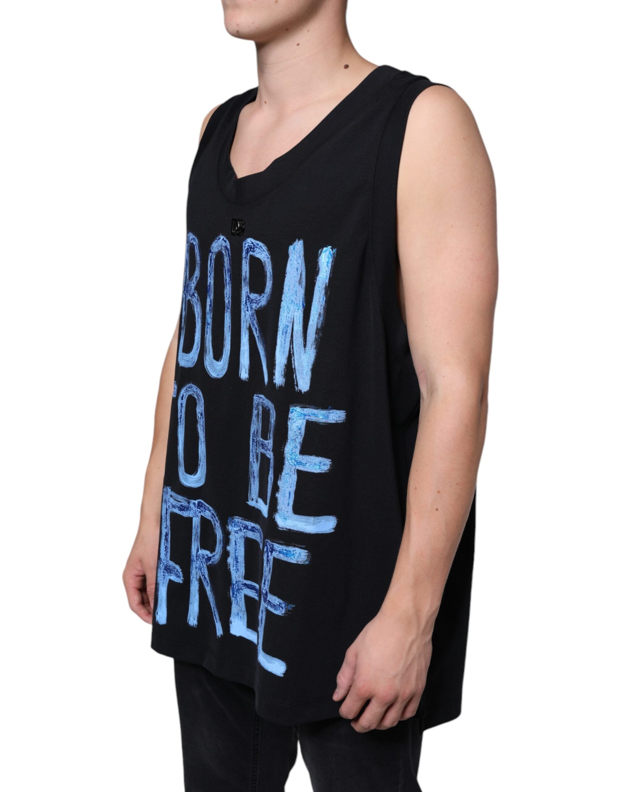 Dolce & Gabbana Schwarzes ärmelloses T-Shirt „Born To Be Free“ aus Baumwolle
