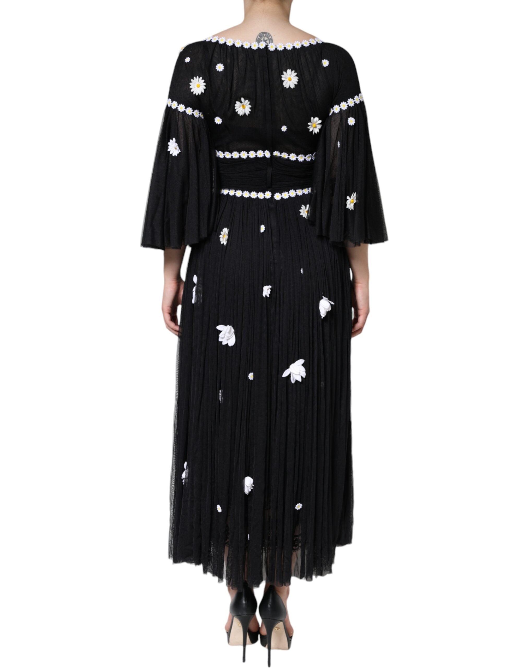 Rochie maxi lungă Dolce & Gabbana din mătase neagră cu model A și margarete