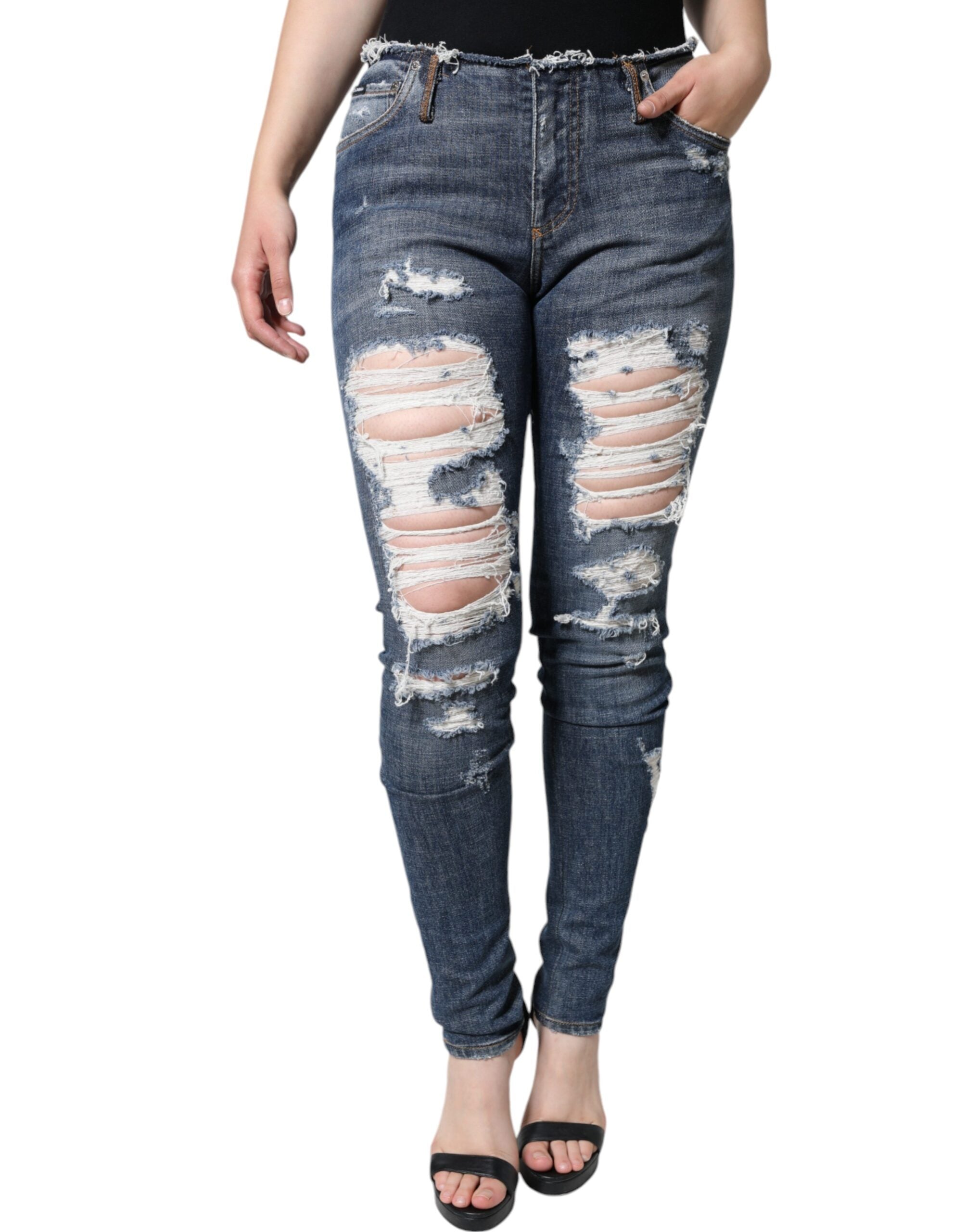 Blugi skinny Dolce & Gabbana albaștri din bumbac elastic, zdrențuiți