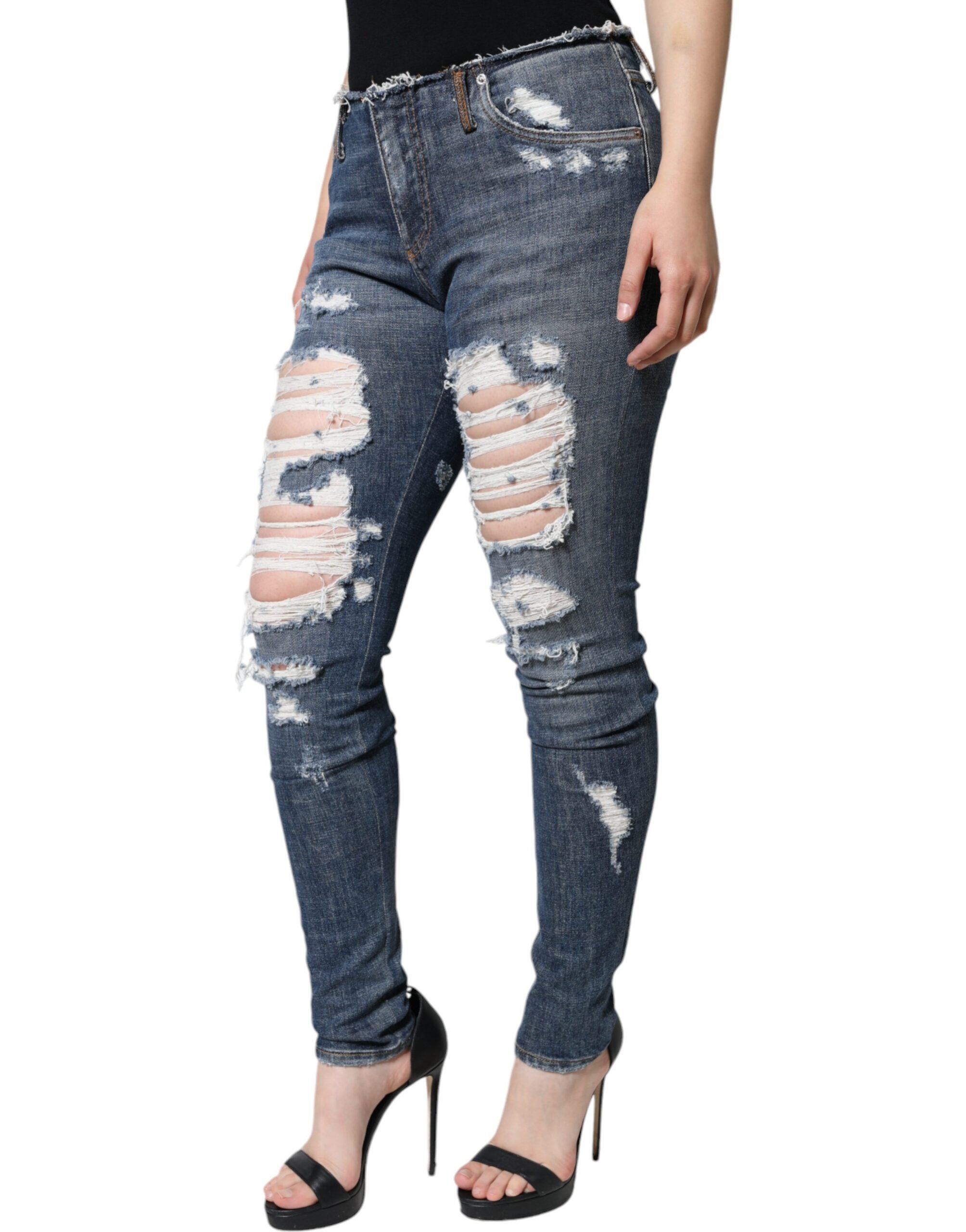 Blugi skinny Dolce & Gabbana albaștri din bumbac elastic, zdrențuiți