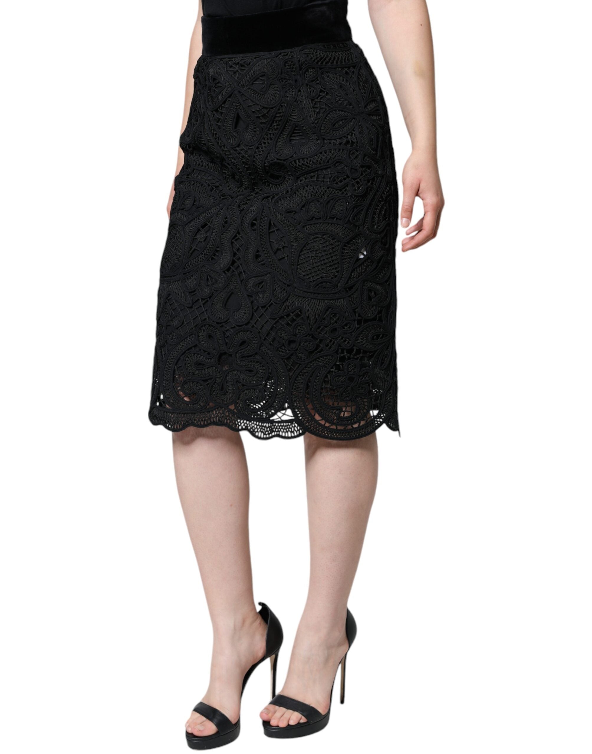 Dolce & Gabbana – Schwarzer Bleistiftrock mit Blumenspitze und hoher Taille