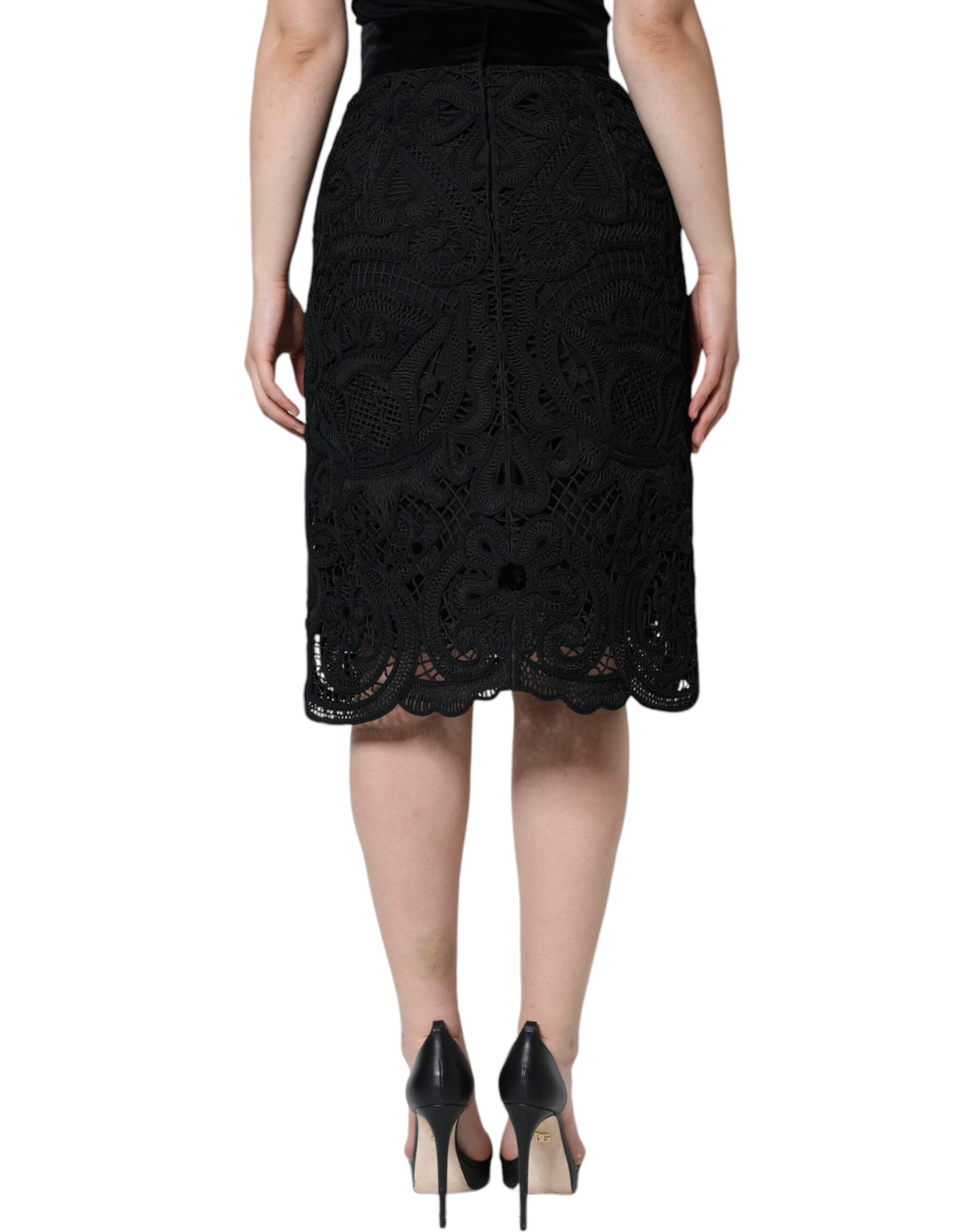 Dolce & Gabbana – Schwarzer Bleistiftrock mit Blumenspitze und hoher Taille