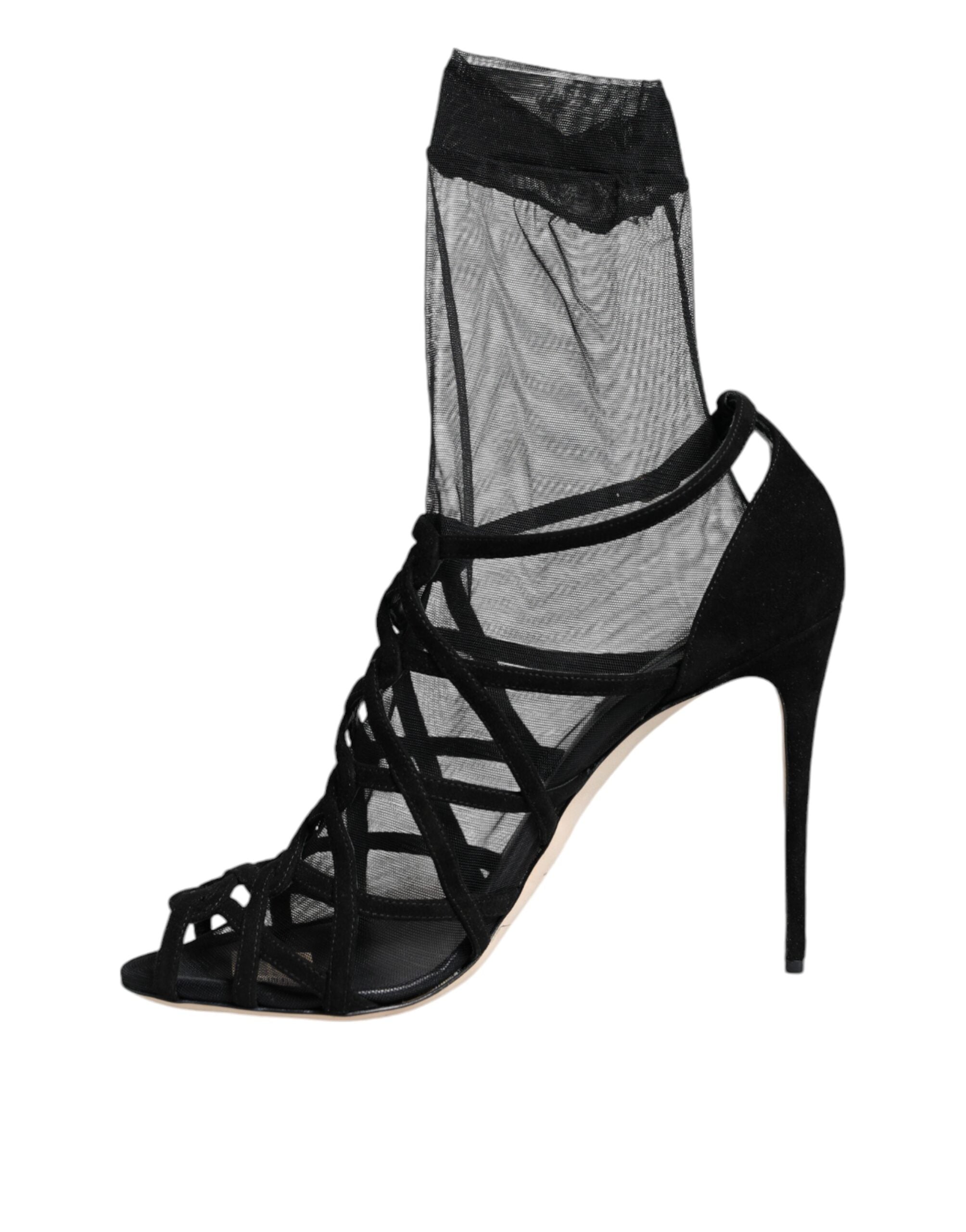 Dolce & Gabbana Schwarze Tüll Stretch Heels Sandalen Schuhe