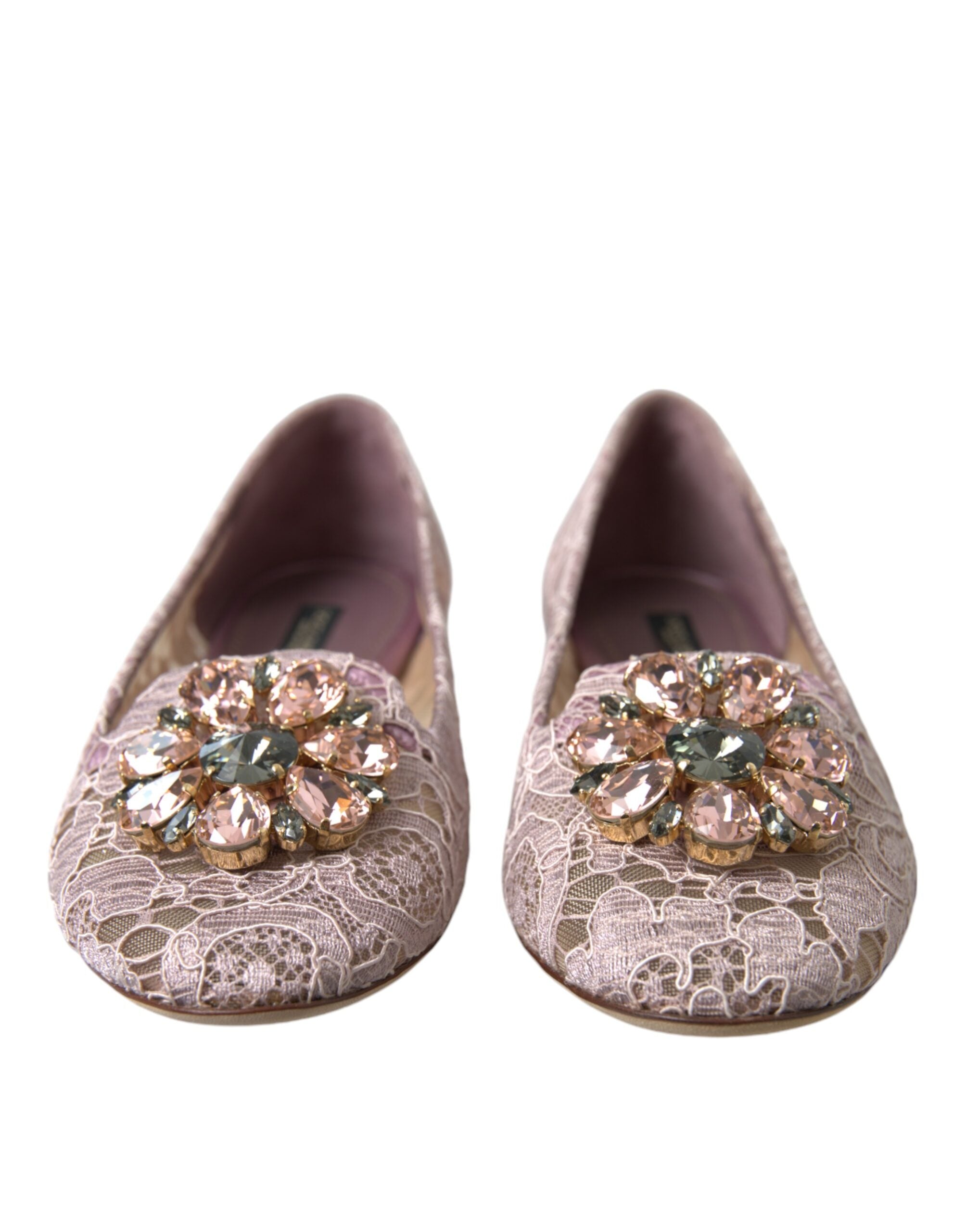 Mocasini balerini cu cristale și dantelă roz Dolce & Gabbana