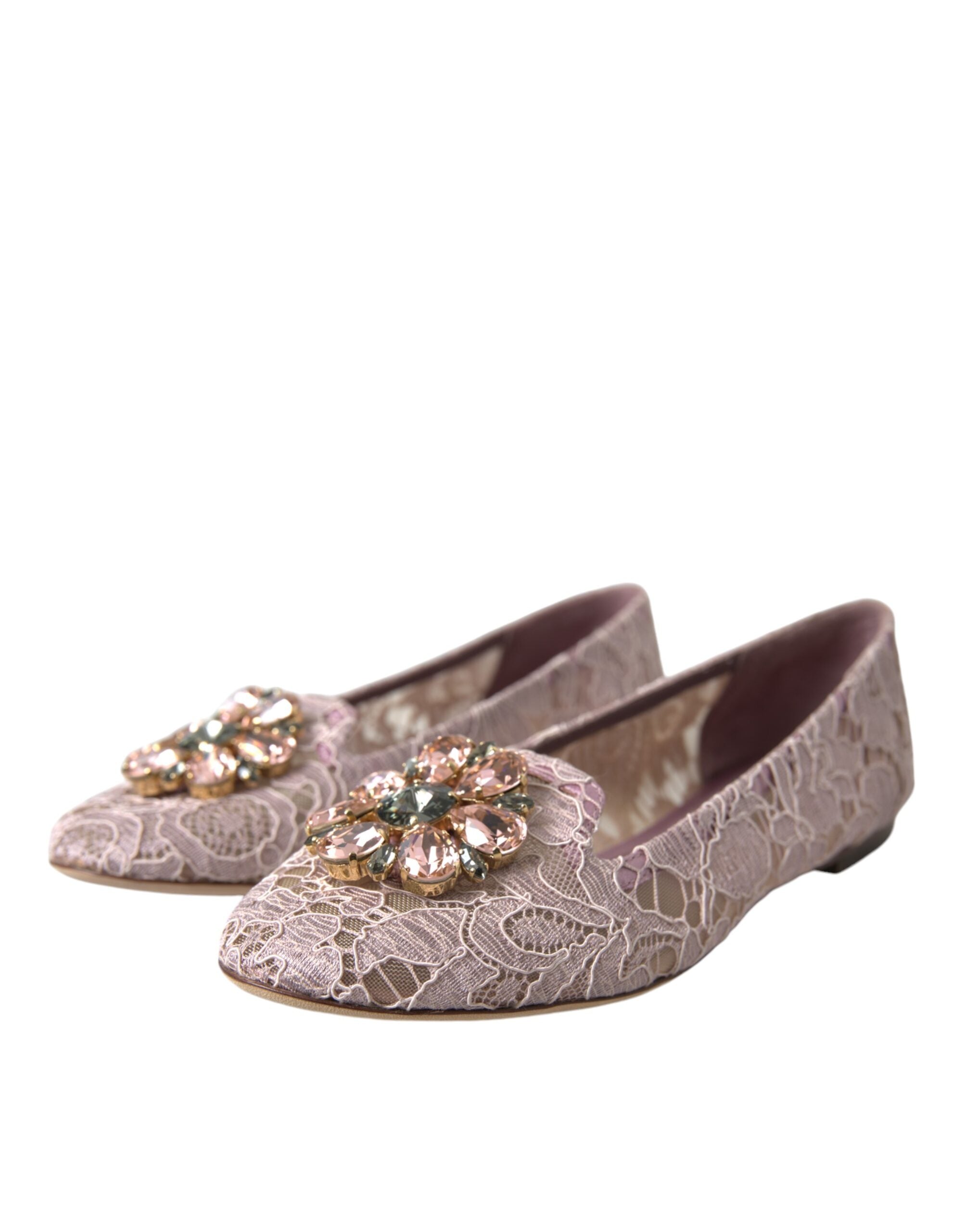 Mocasini balerini cu cristale și dantelă roz Dolce & Gabbana