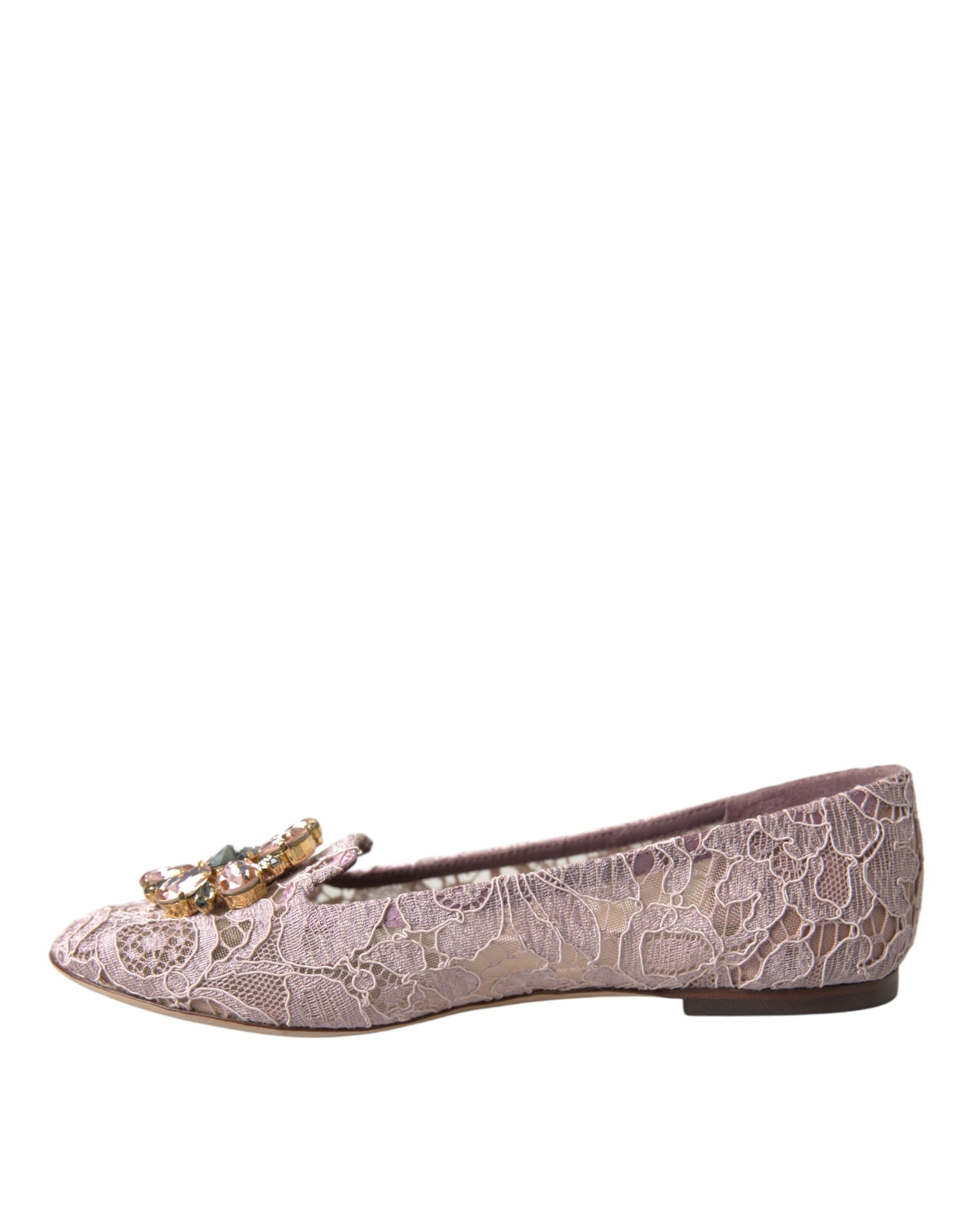 Mocasini balerini cu cristale și dantelă roz Dolce & Gabbana