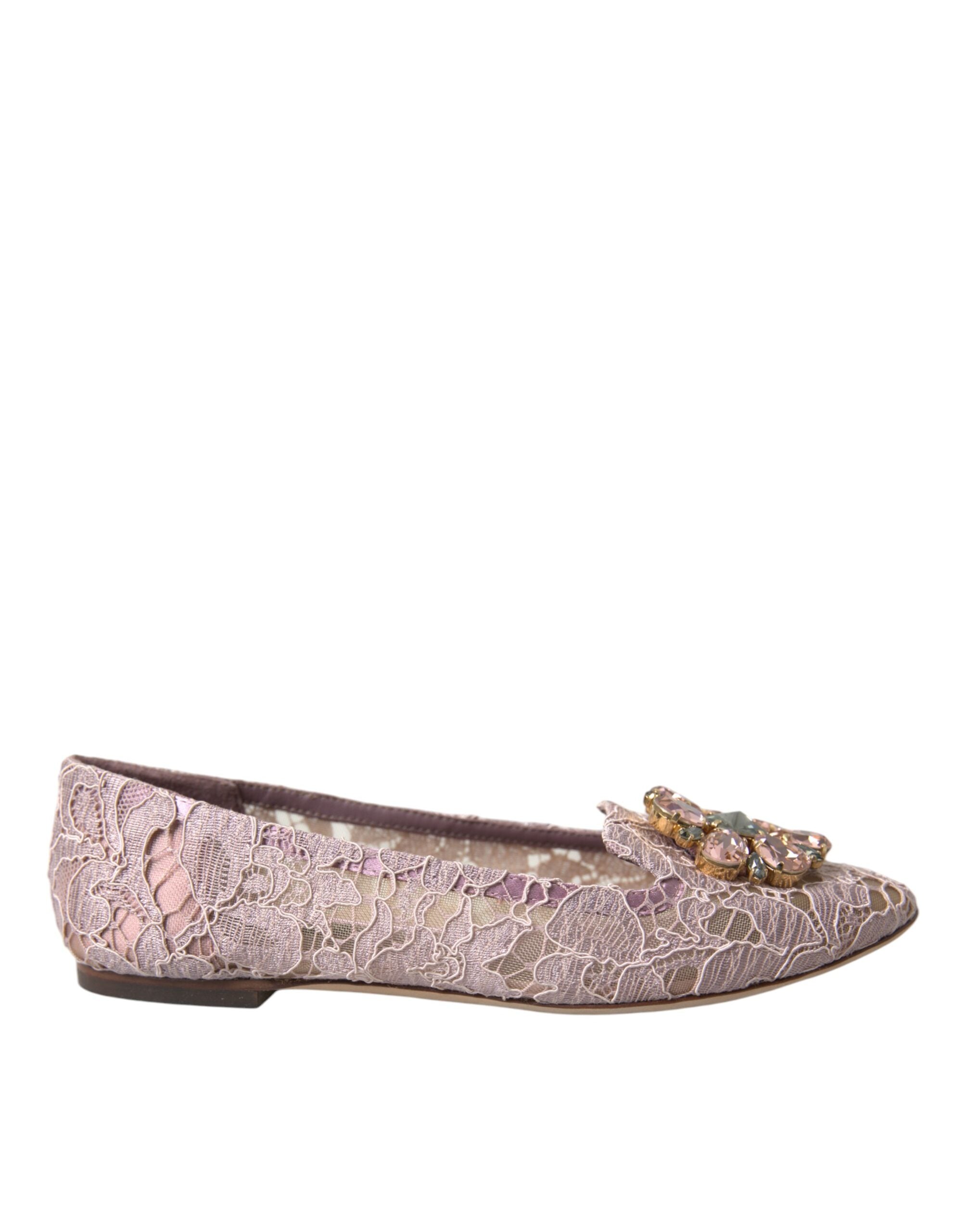 Mocasini balerini cu cristale și dantelă roz Dolce & Gabbana