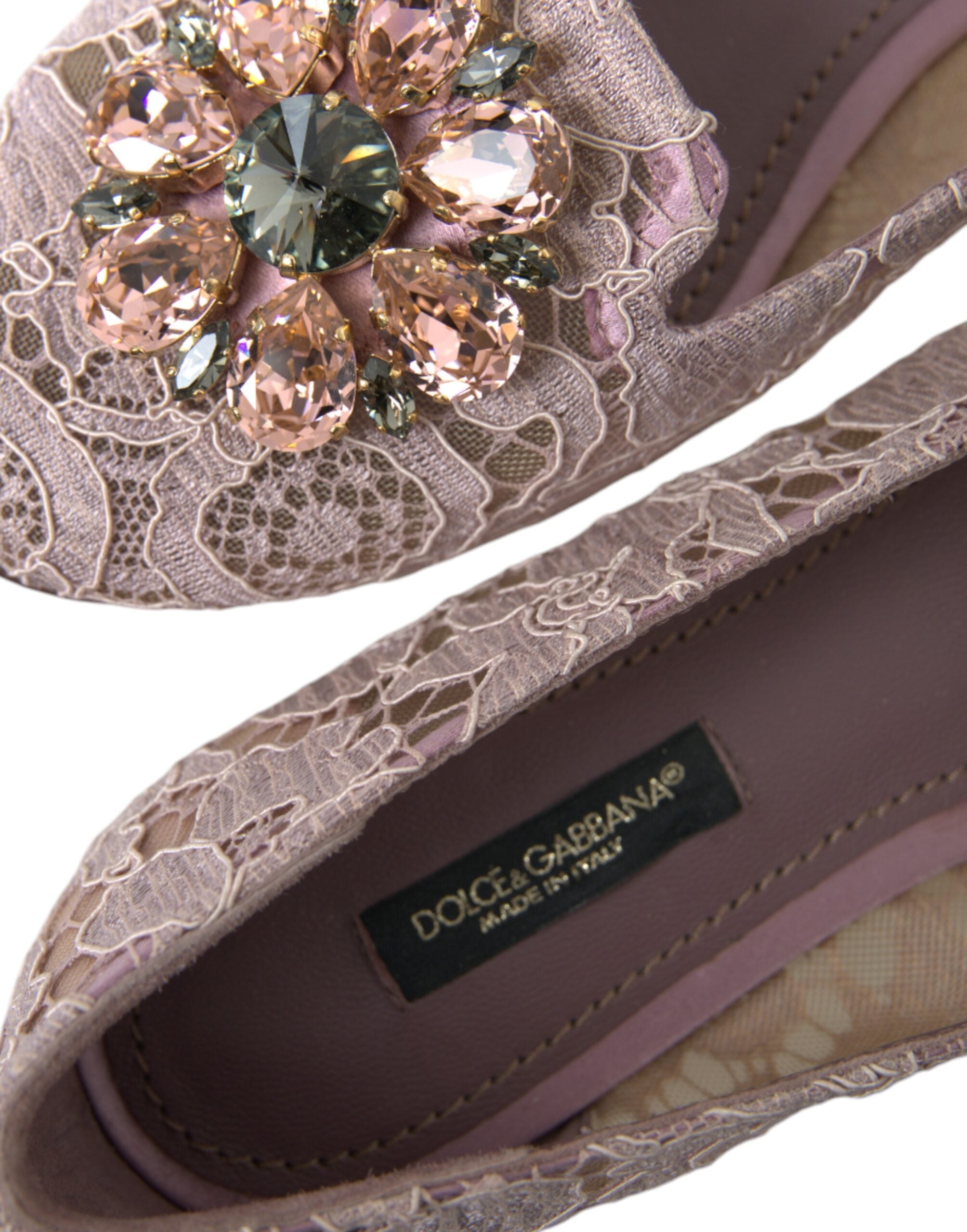 Mocasini balerini cu cristale și dantelă roz Dolce & Gabbana