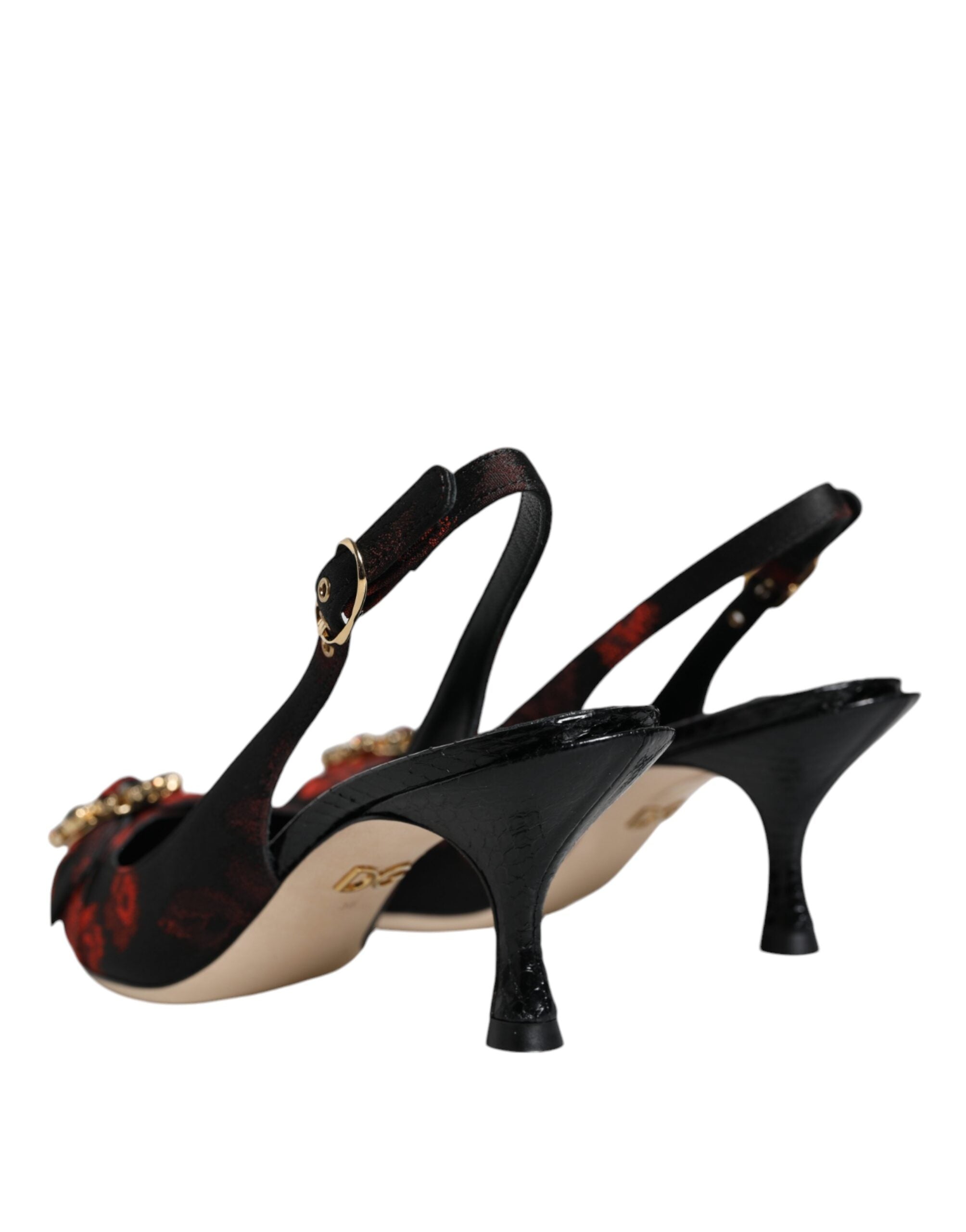 Dolce & Gabbana – Slingback-Schuhe mit Blumenmuster und Kristallabsatz in Schwarz und Rot
