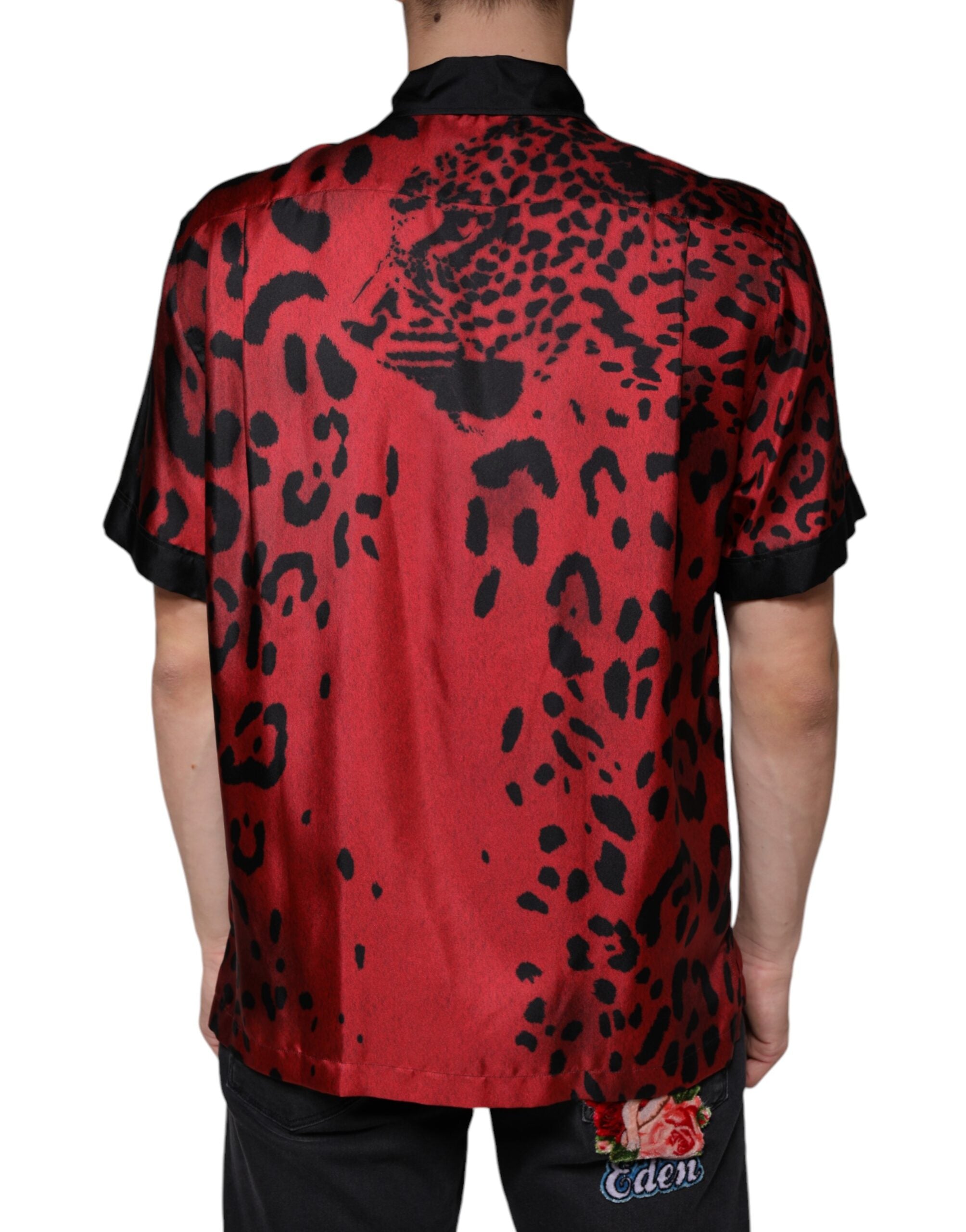 Dolce & Gabbana Rotes Button-Down-Freizeithemd aus Seide mit Leopardenmuster