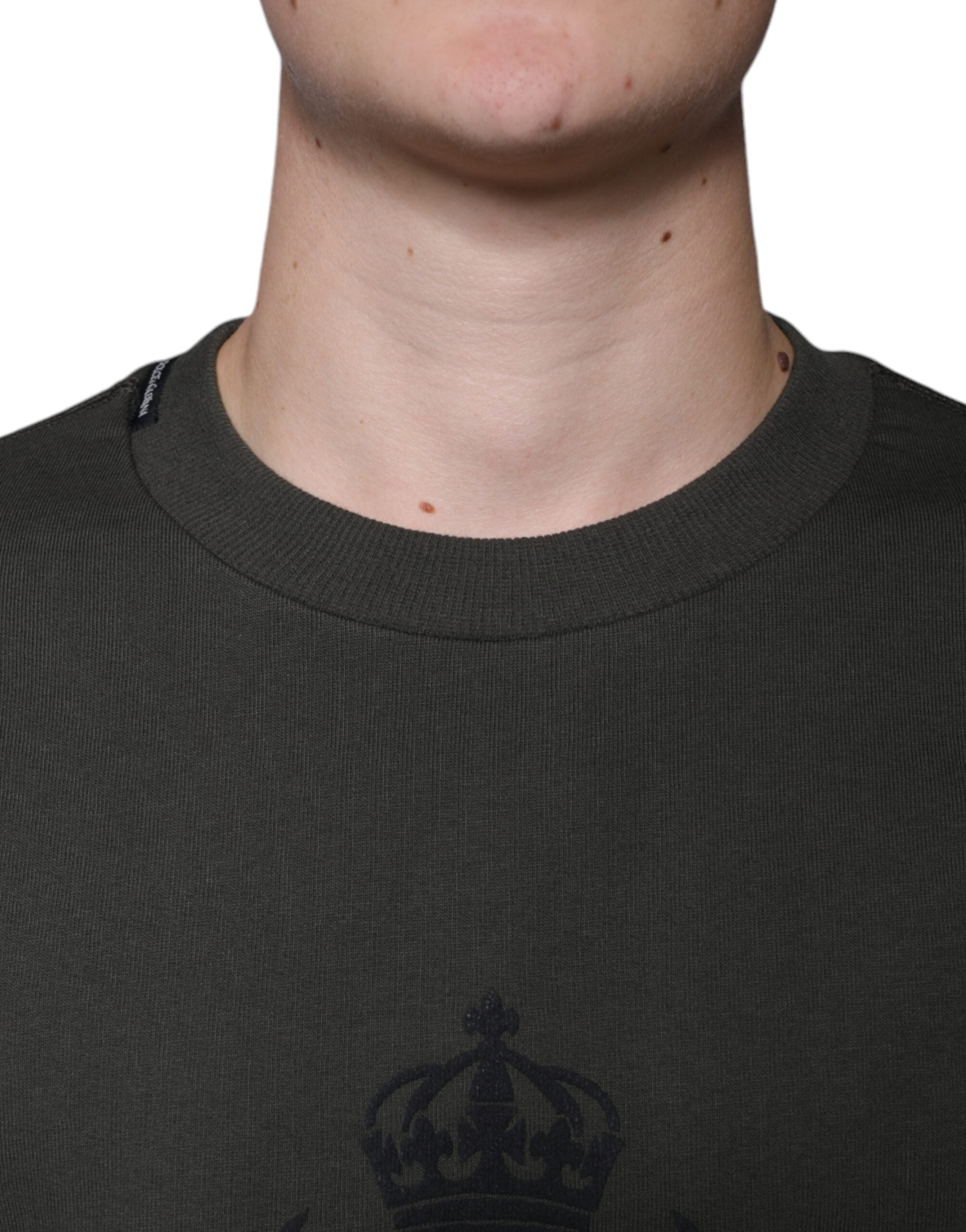 Pulover Dolce & Gabbana verde militar cu imprimeu DG Crown și guler rotund