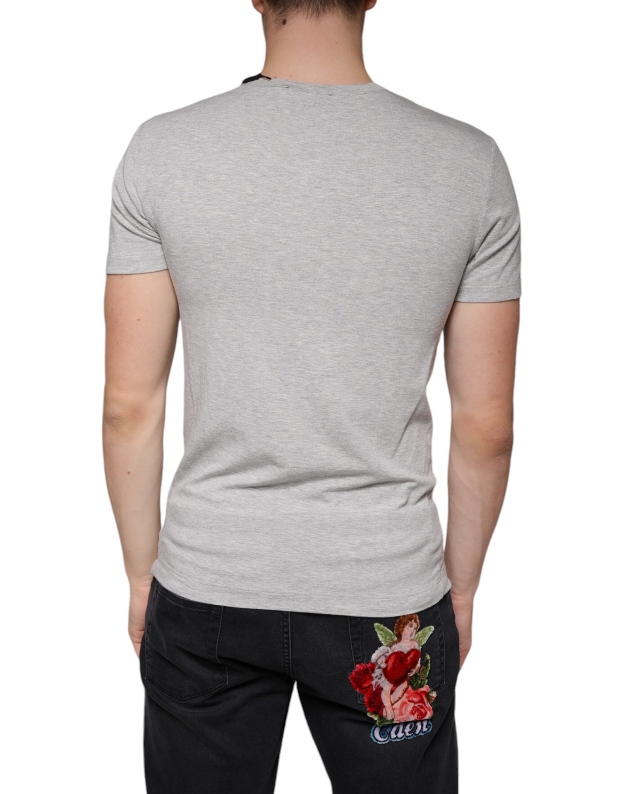 Tricou Dolce & Gabbana gri cu logo și guler rotund și mânecă scurtă