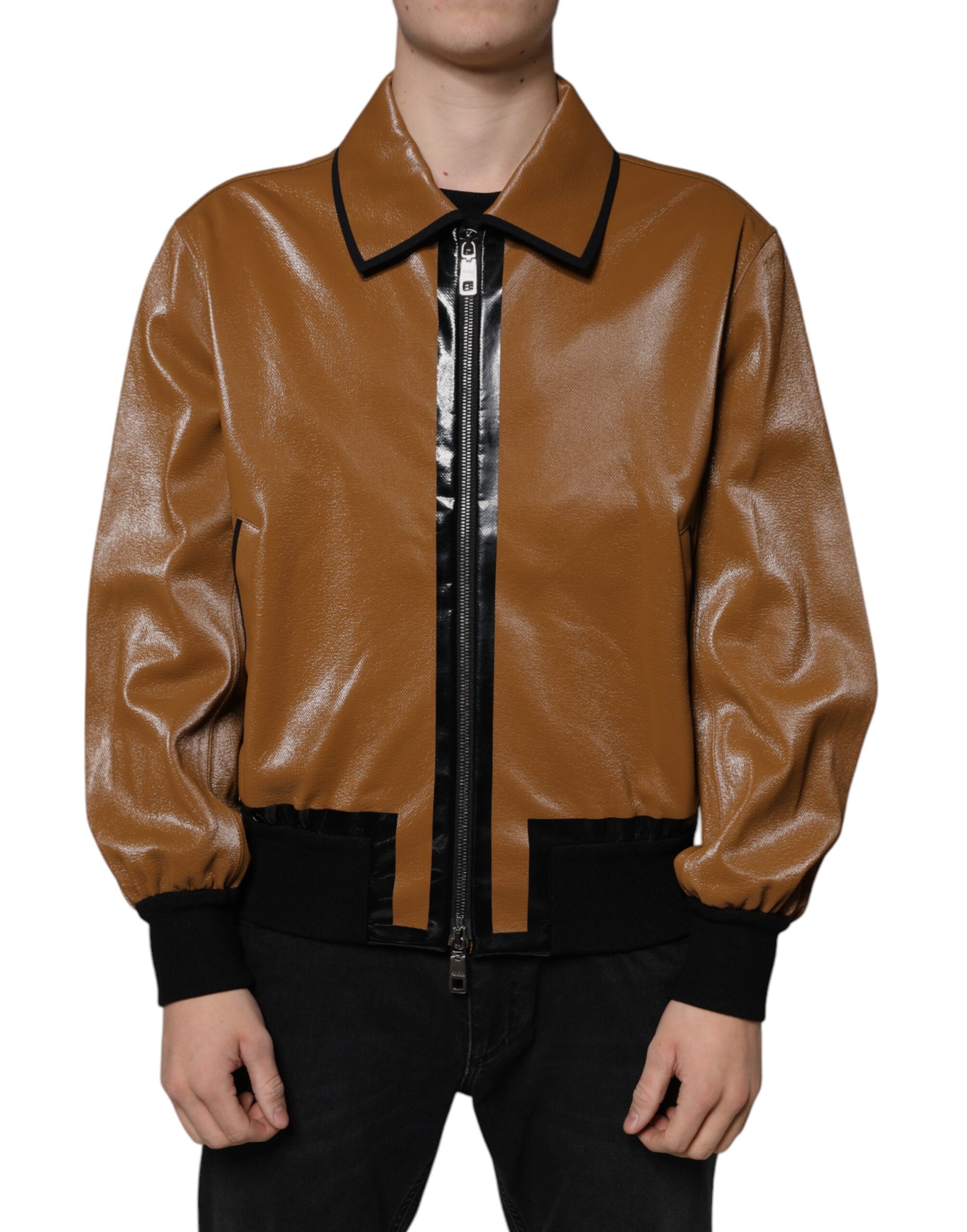 Dolce & Gabbana Jachetă bomber din piele maro cu fermoar complet pentru bărbați