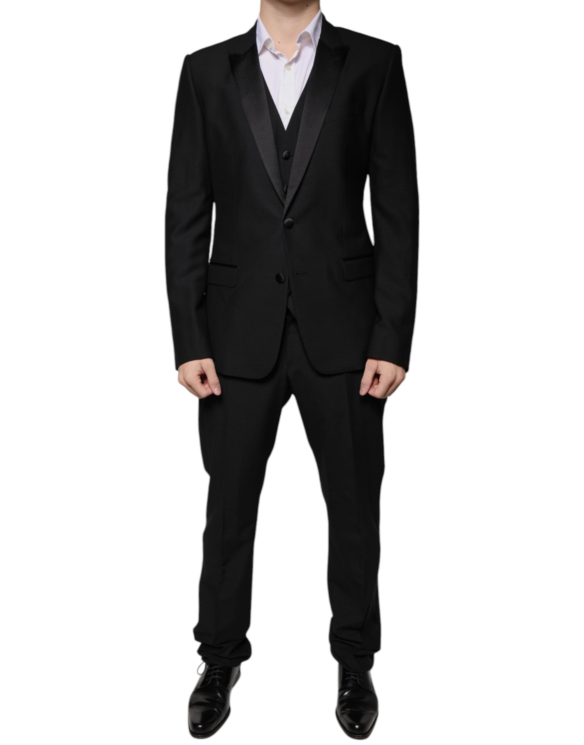 Costum elegant Dolce & Gabbana negru din lână, 3 piese, croială slim