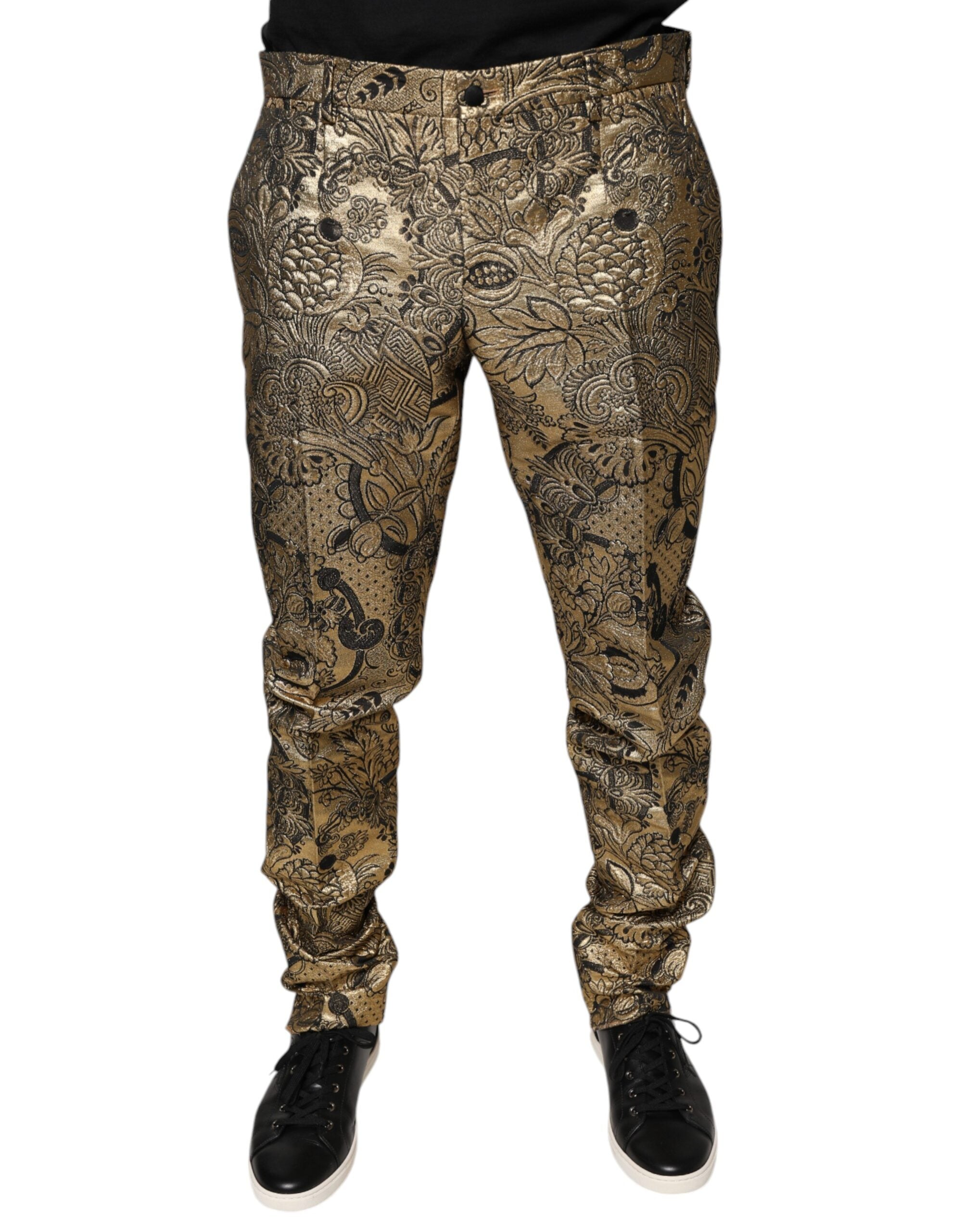 Dolce & Gabbana Pantaloni eleganți pentru bărbați cu imprimeu floral auriu din jacquard