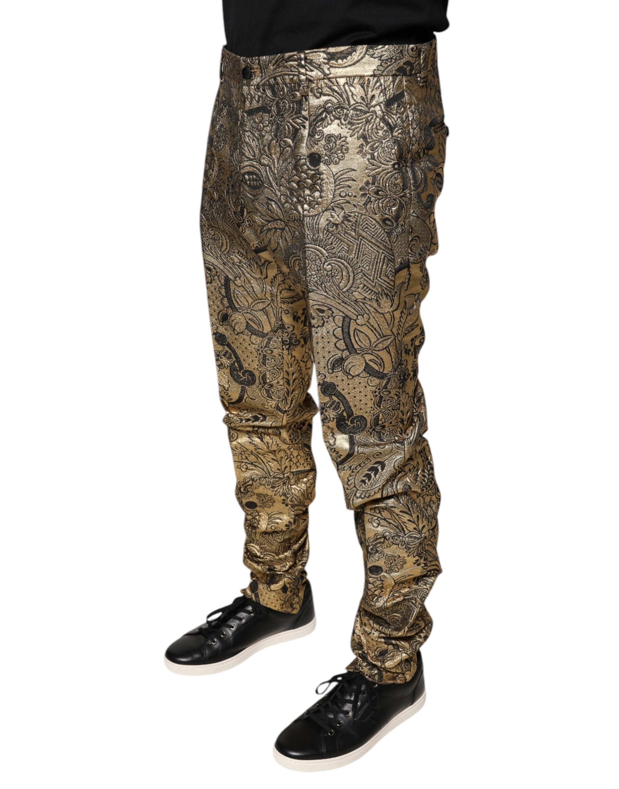 Dolce & Gabbana Pantaloni eleganți pentru bărbați cu imprimeu floral auriu din jacquard