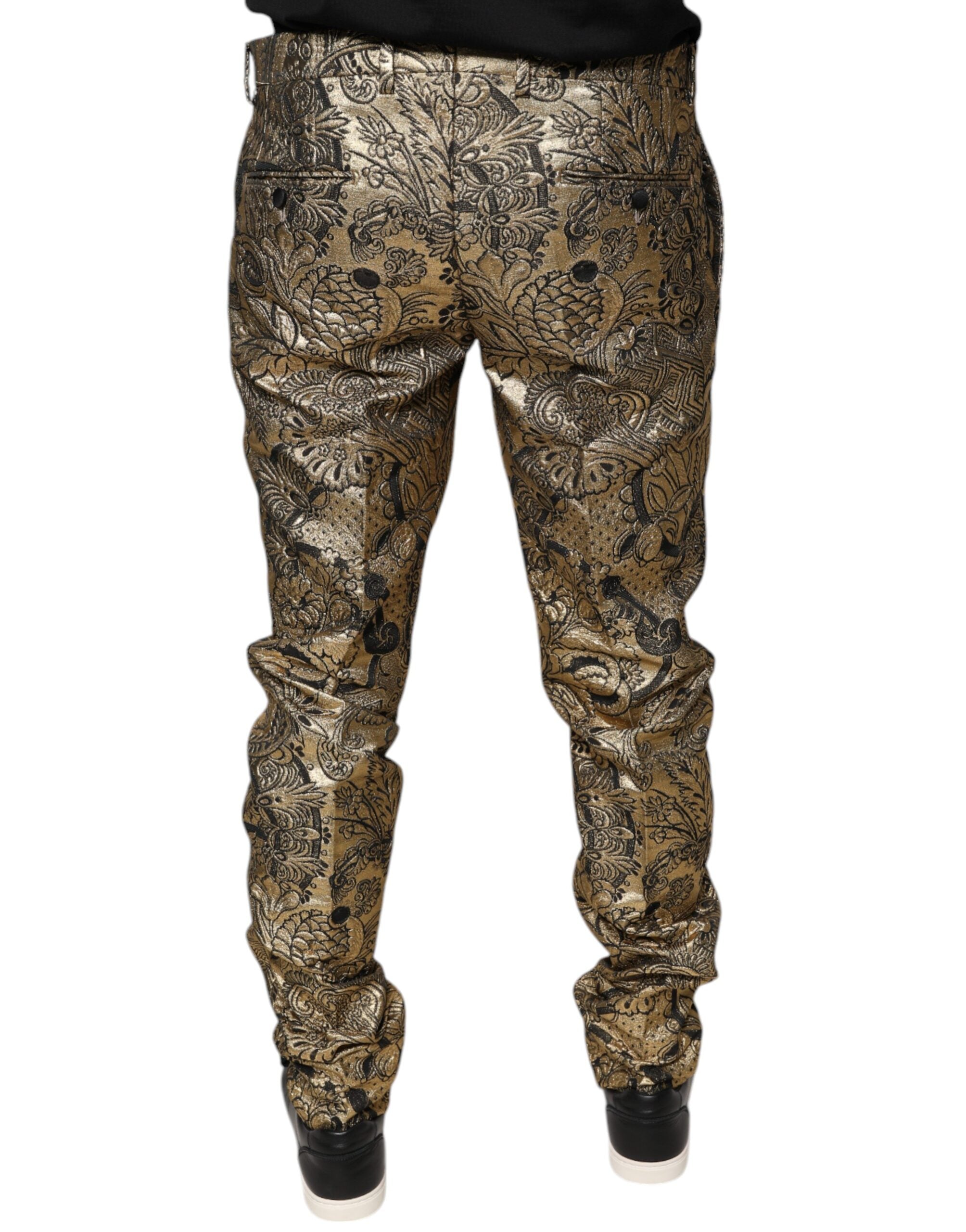Dolce & Gabbana Pantaloni eleganți pentru bărbați cu imprimeu floral auriu din jacquard