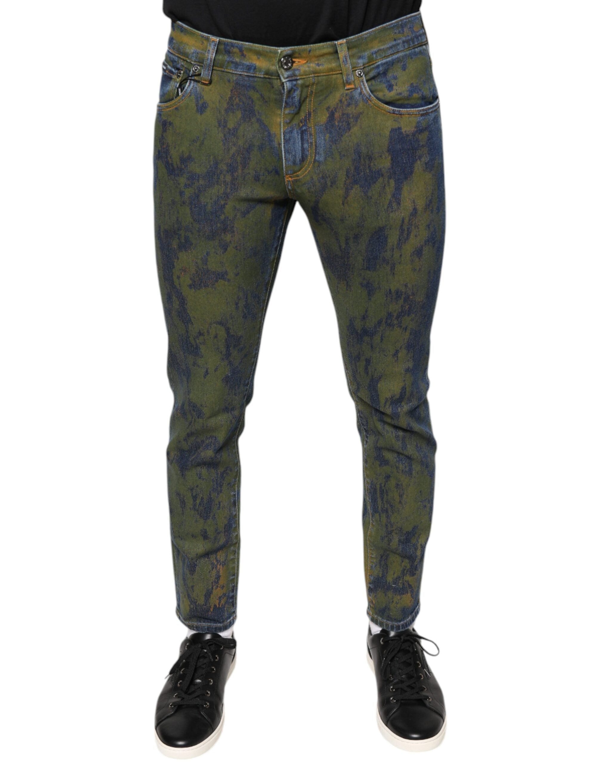 Blugi Dolce & Gabbana din denim albastru, vopsiți în bumbac, croială slim fit pentru bărbați