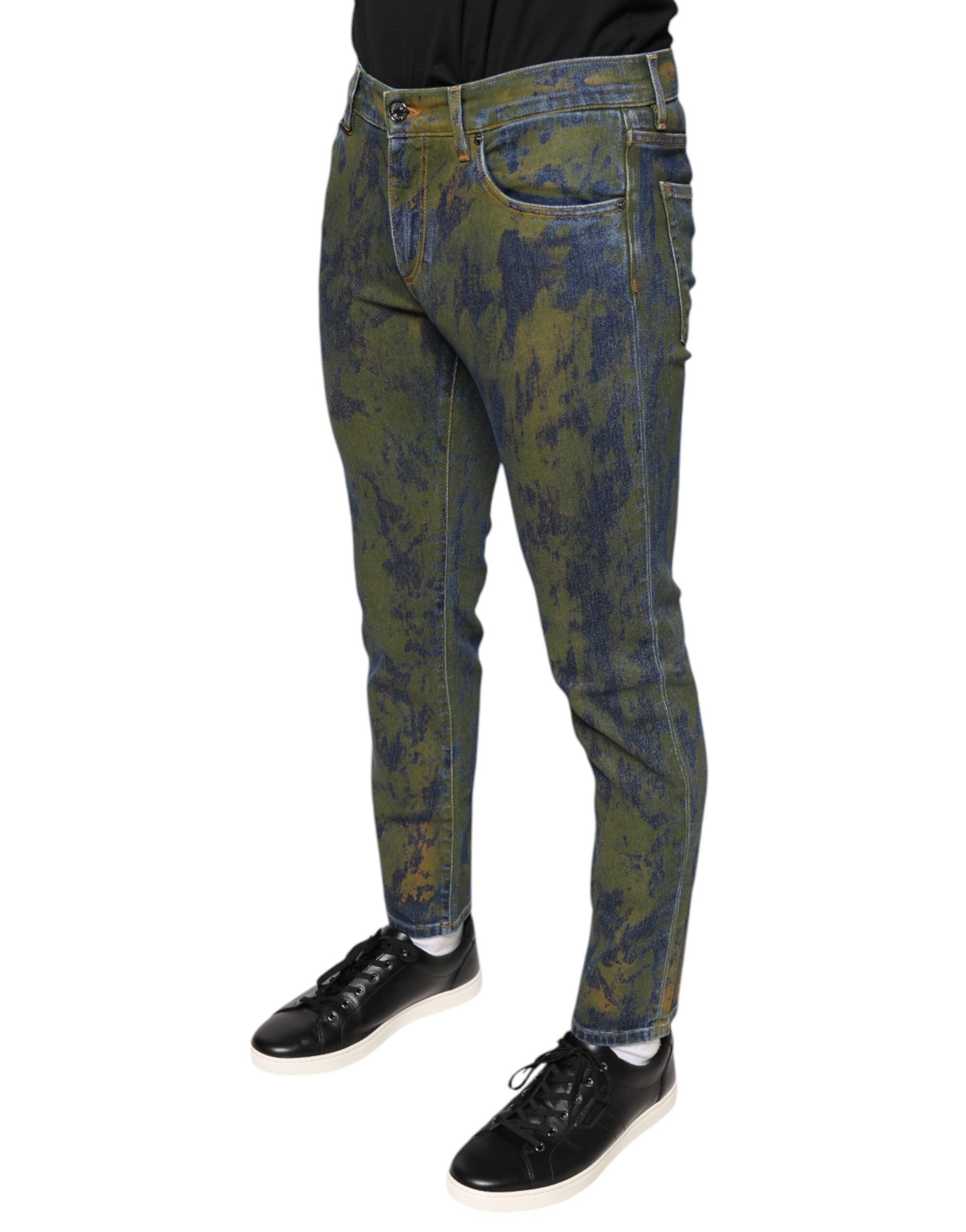 Blugi Dolce & Gabbana din denim albastru, vopsiți în bumbac, croială slim fit pentru bărbați