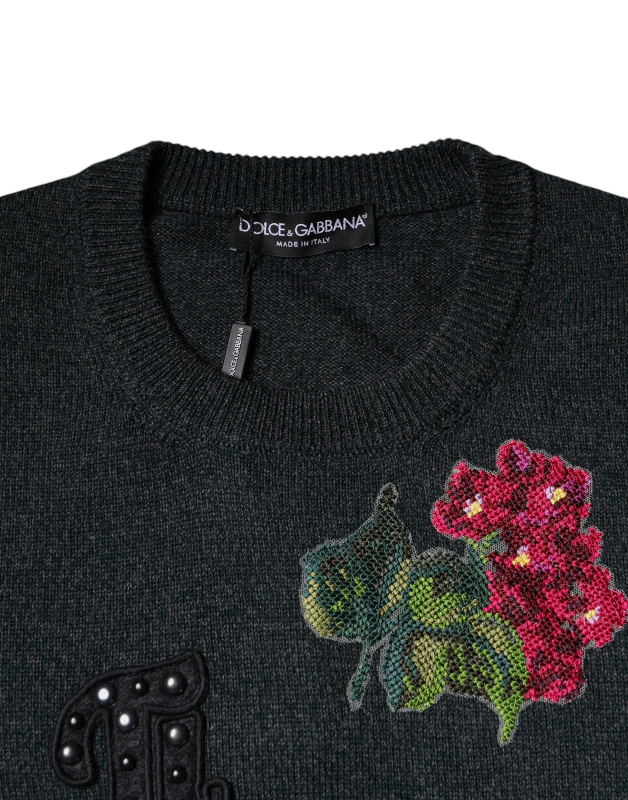 Pulover Dolce & Gabbana gri cu guler rotund și ornament