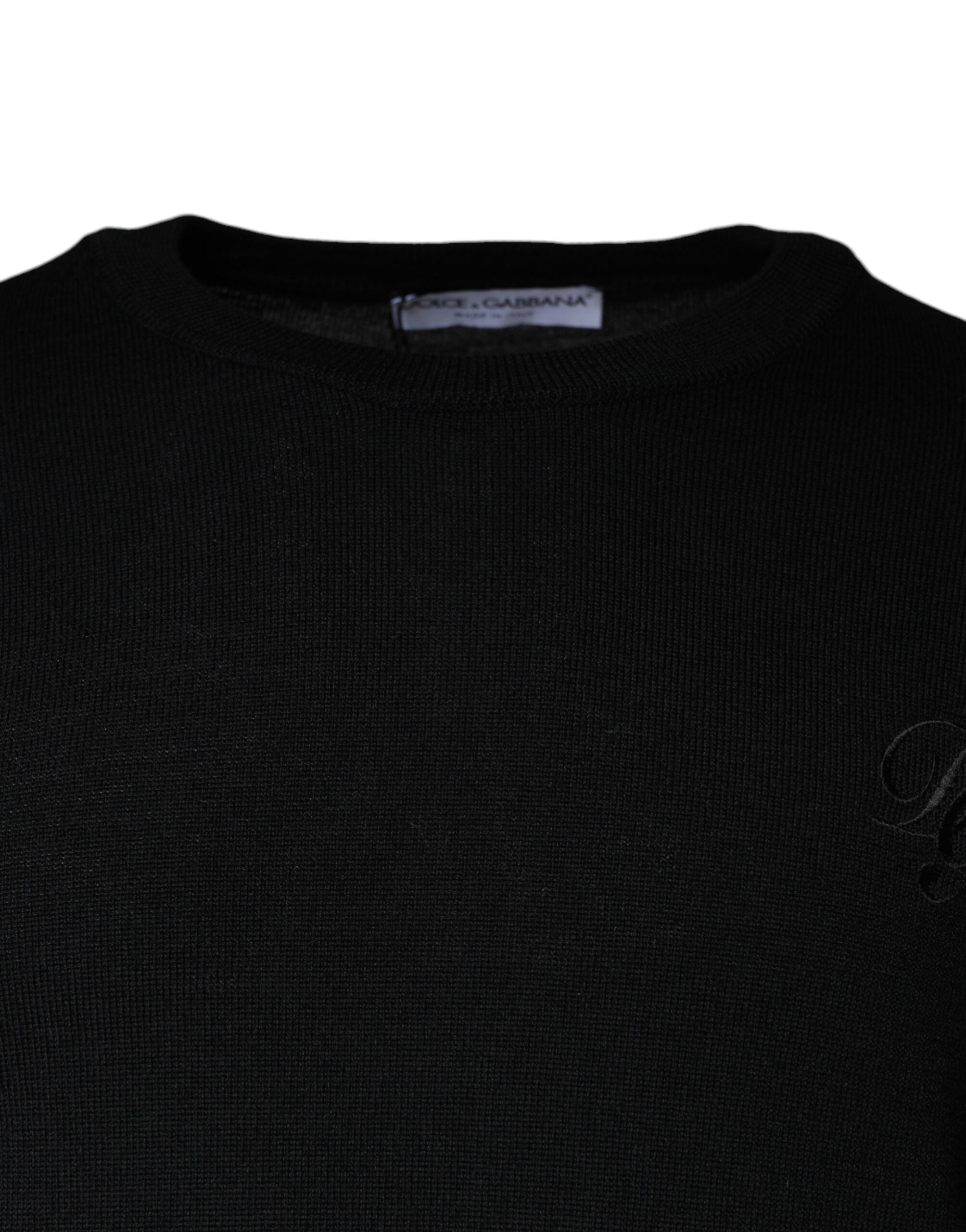 Pulover Dolce & Gabbana negru din lână tricotată cu guler rotund