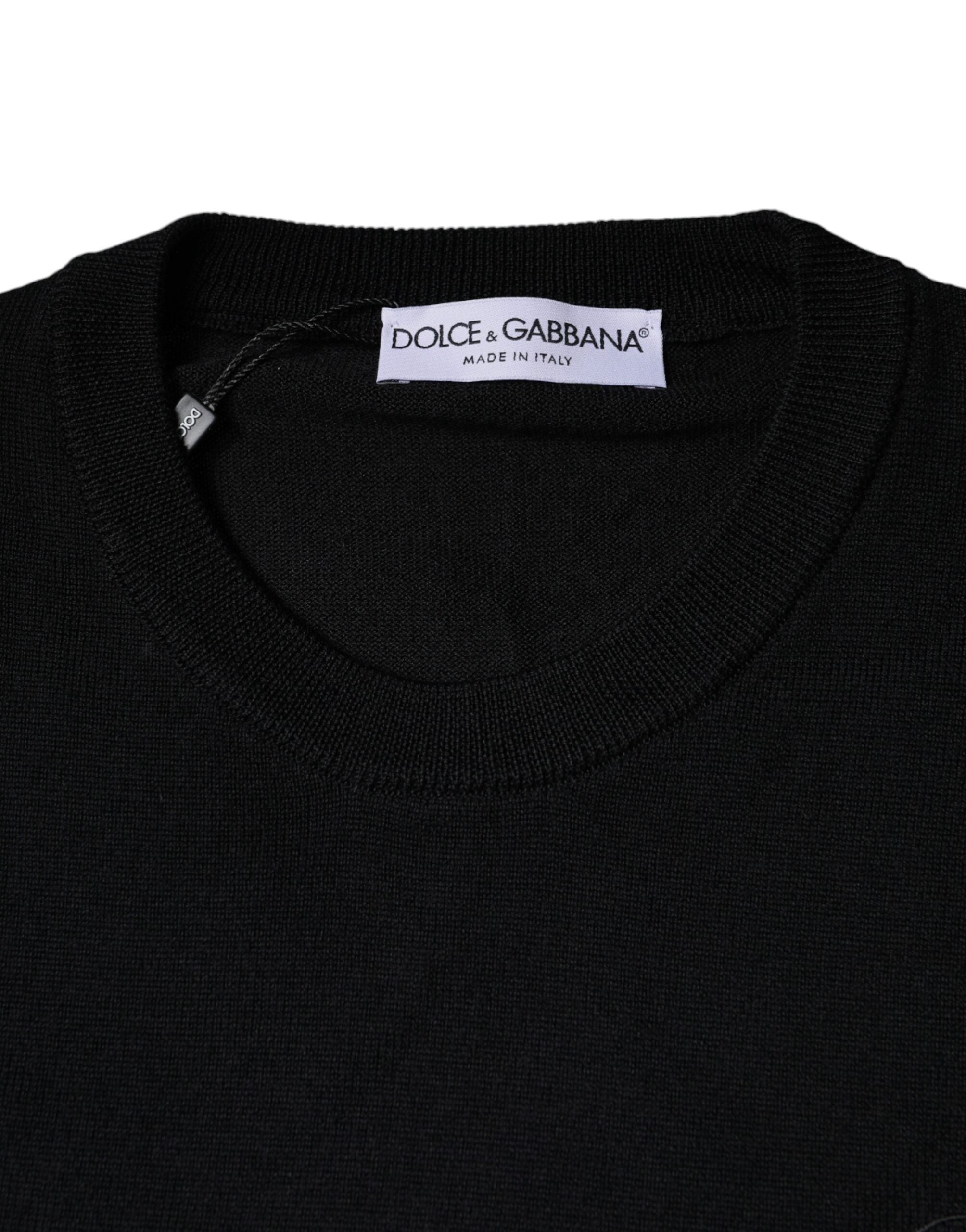 Pulover Dolce & Gabbana negru din lână tricotată cu guler rotund